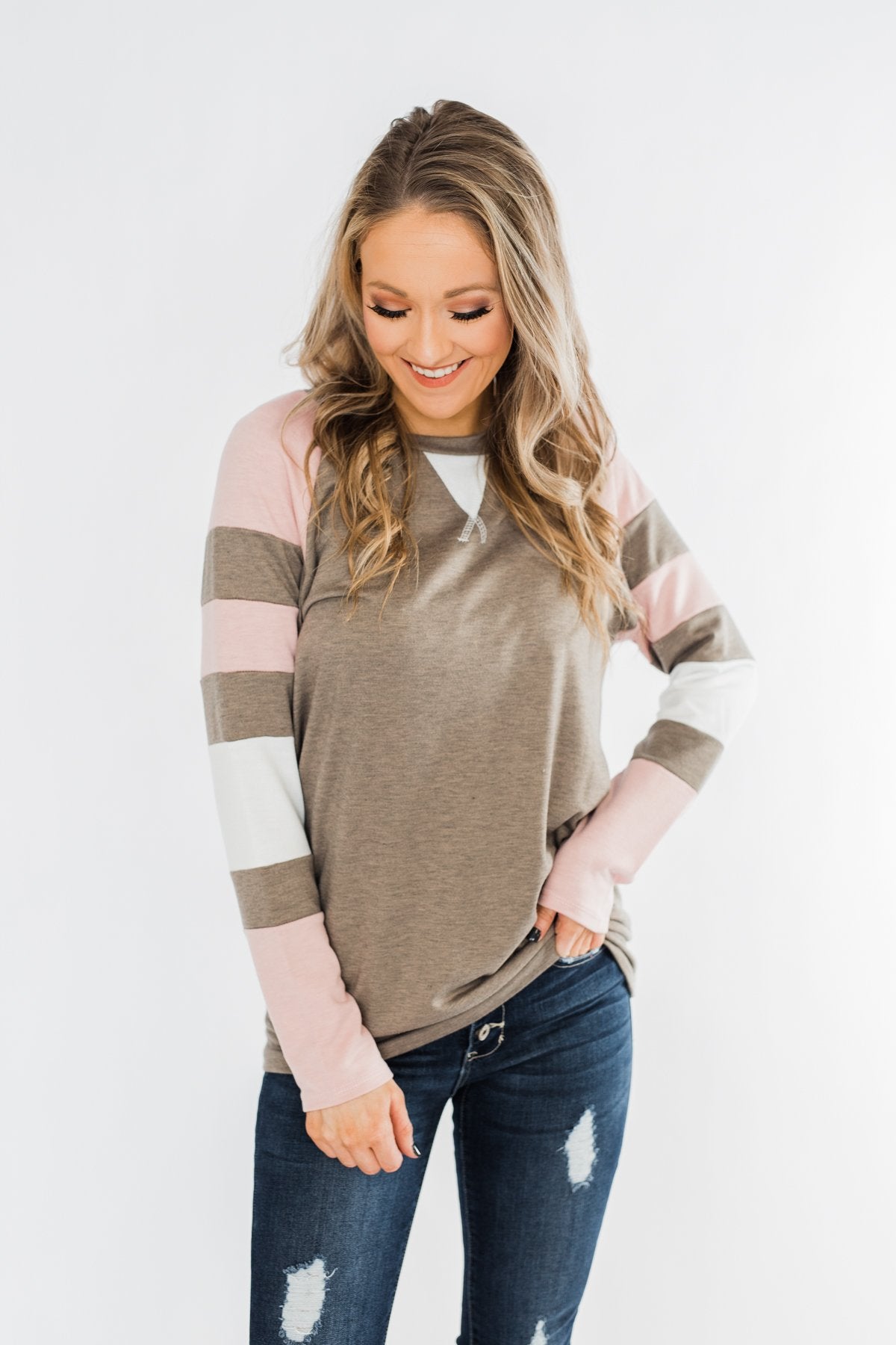 Full Of Joy Color Block Top- Mocha, Pink, & Ivory