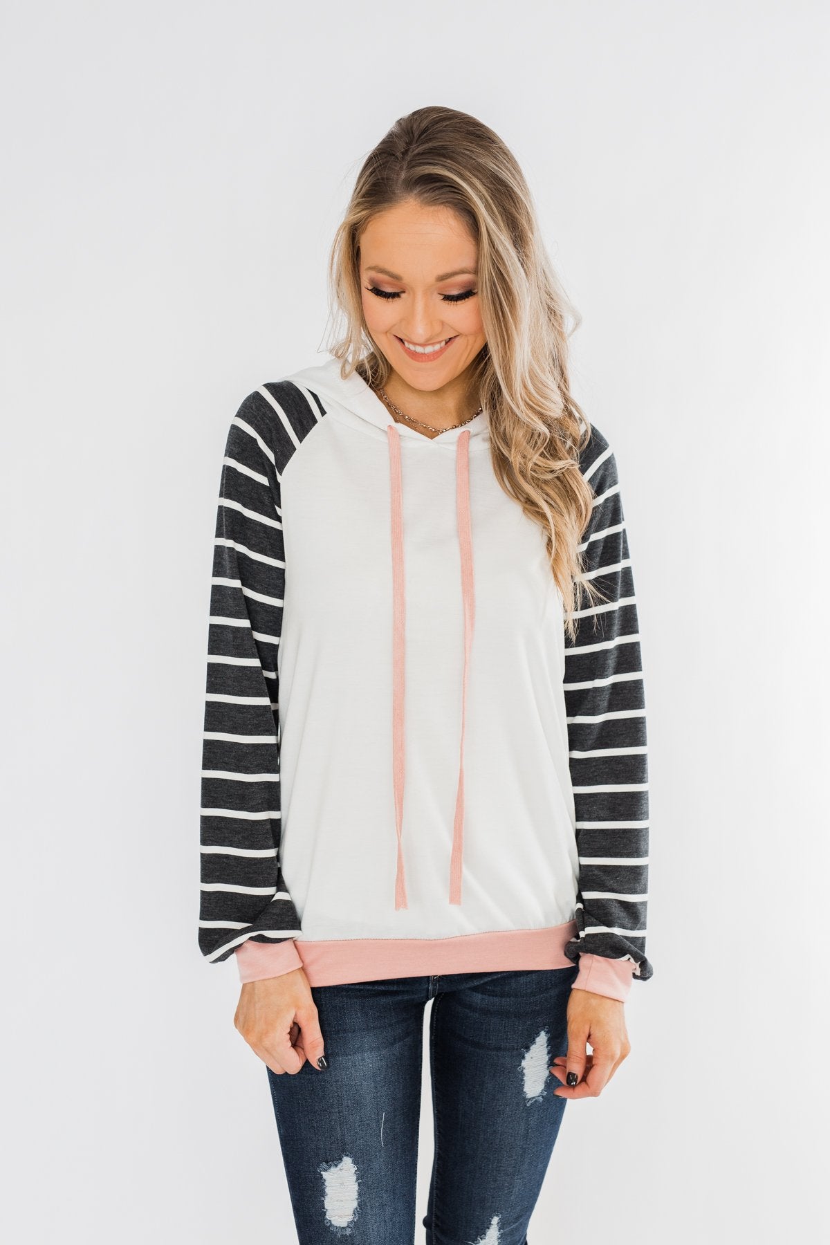 Make Me Blush Striped Hoodie- Ivory, Charcoal, & Blush