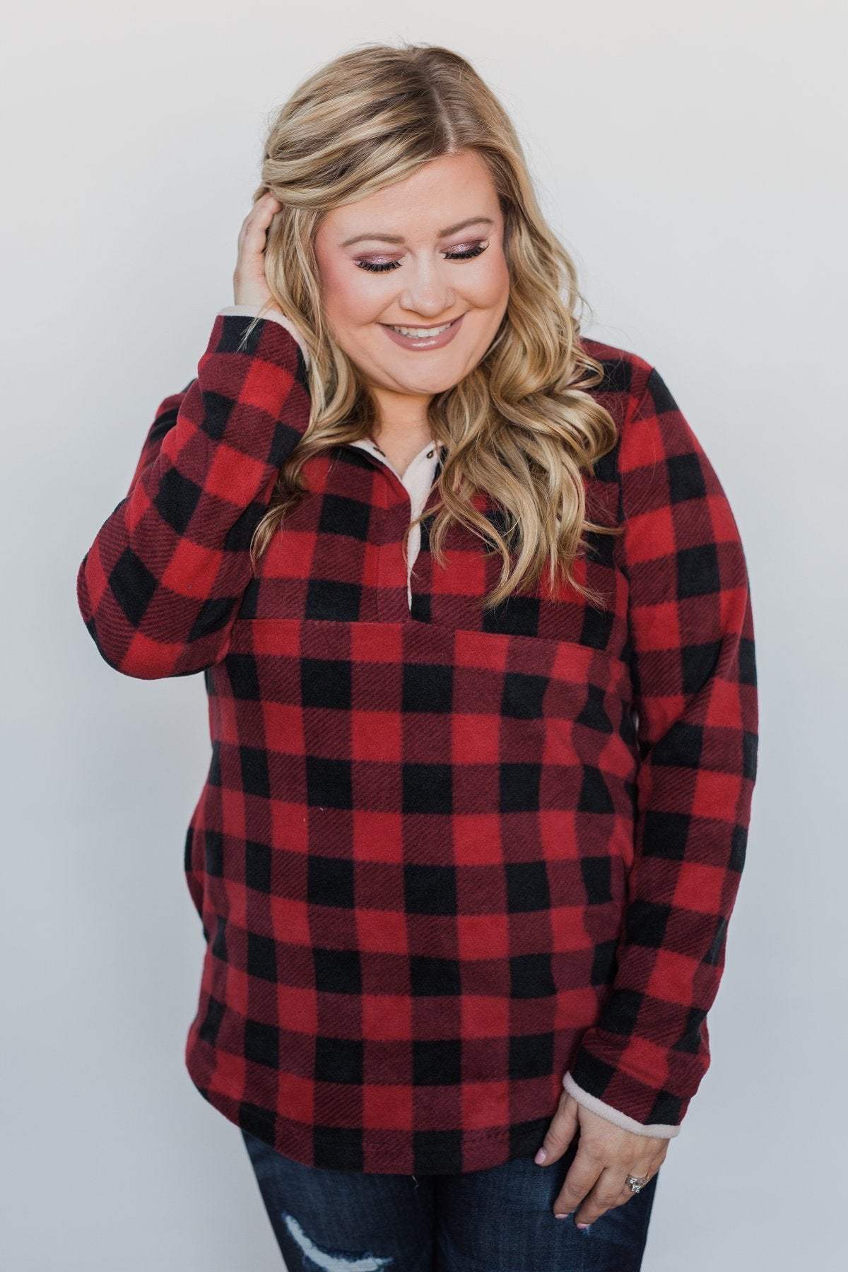 Buffalo Plaid Fleece Pullover- Red & Black