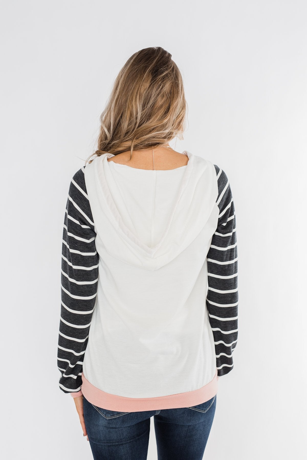 Make Me Blush Striped Hoodie- Ivory, Charcoal, & Blush
