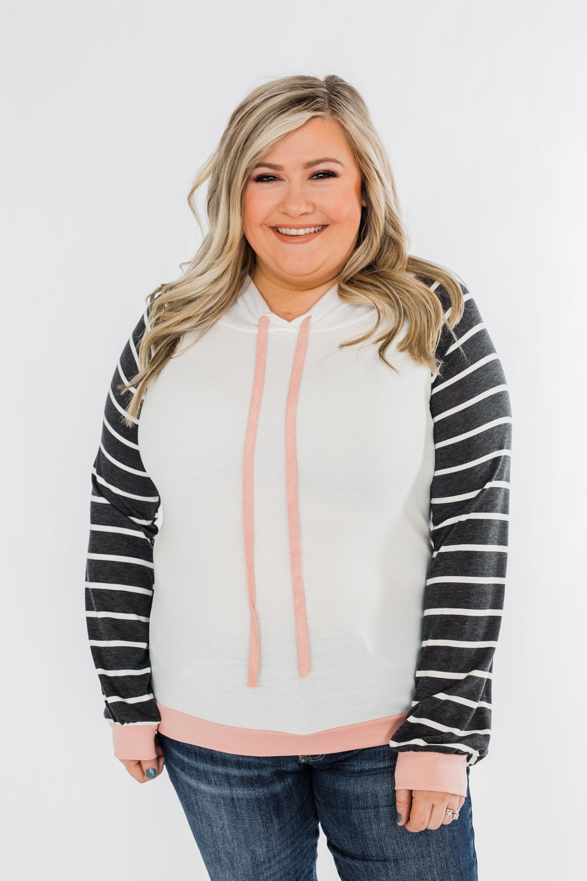 Make Me Blush Striped Hoodie- Ivory, Charcoal, & Blush