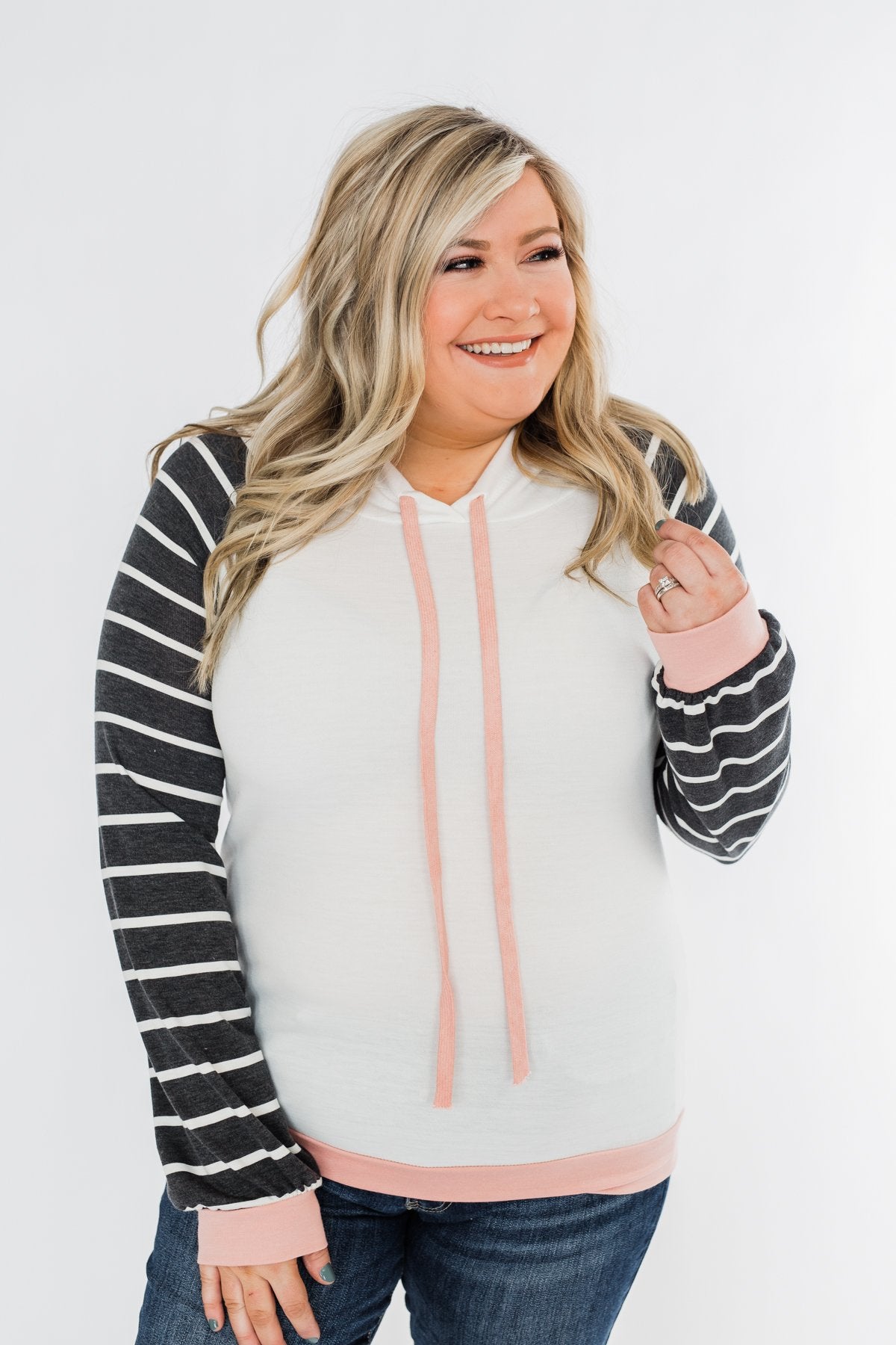 Make Me Blush Striped Hoodie- Ivory, Charcoal, & Blush