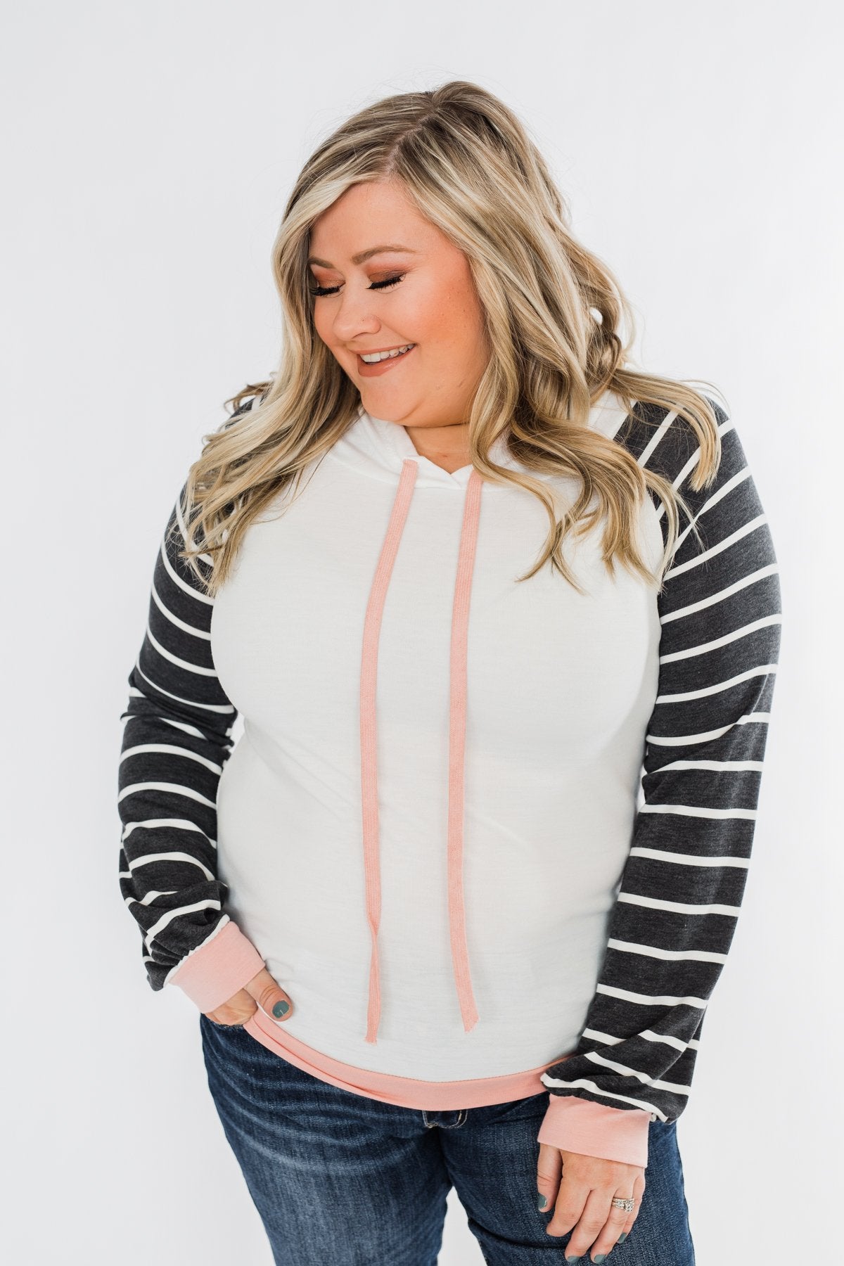Make Me Blush Striped Hoodie- Ivory, Charcoal, & Blush