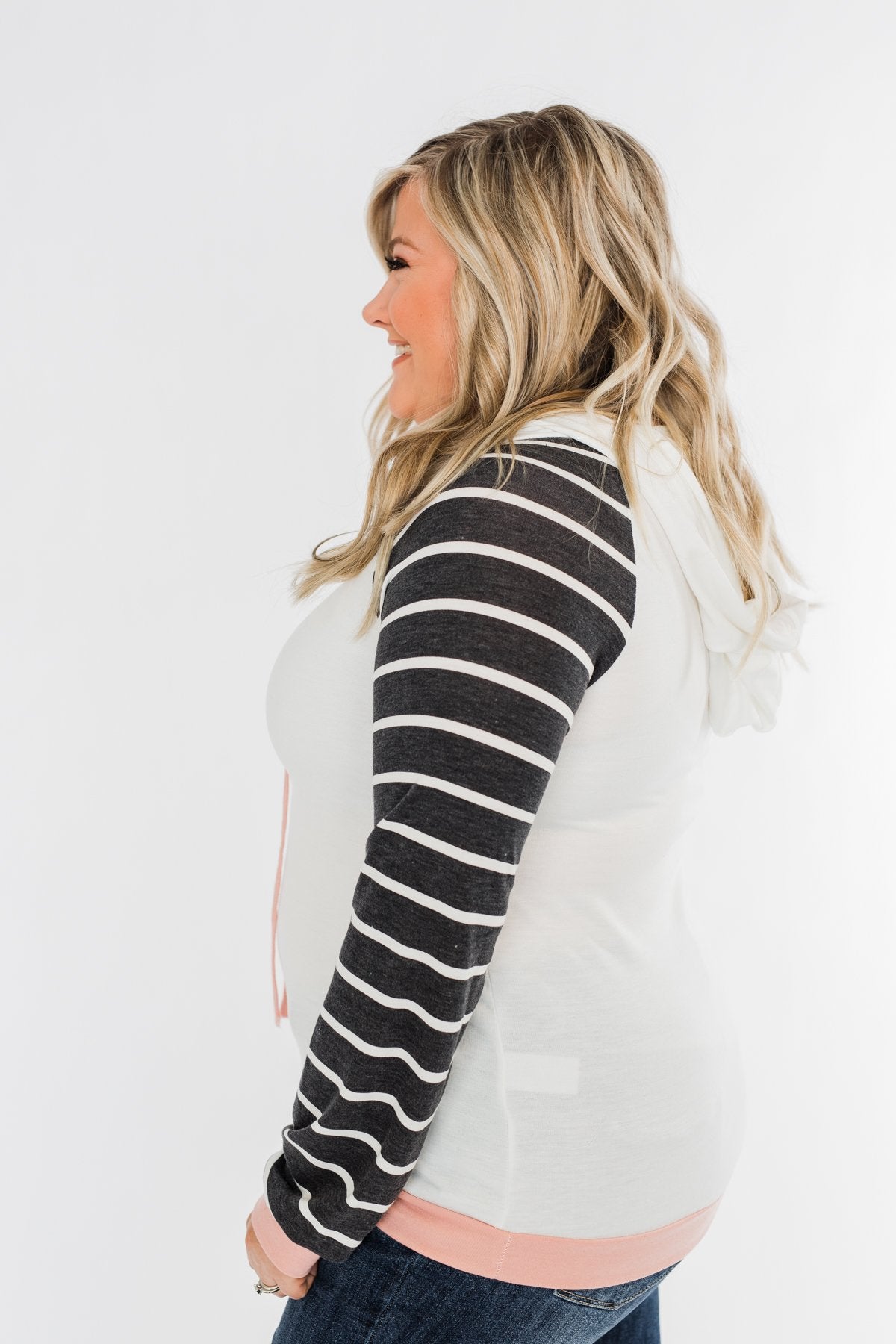 Make Me Blush Striped Hoodie- Ivory, Charcoal, & Blush