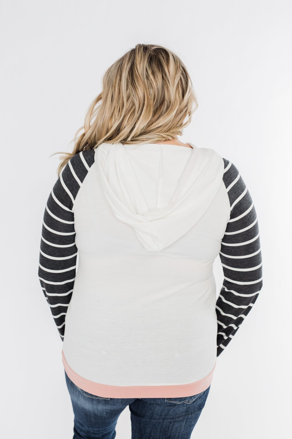Make Me Blush Striped Hoodie- Ivory, Charcoal, & Blush