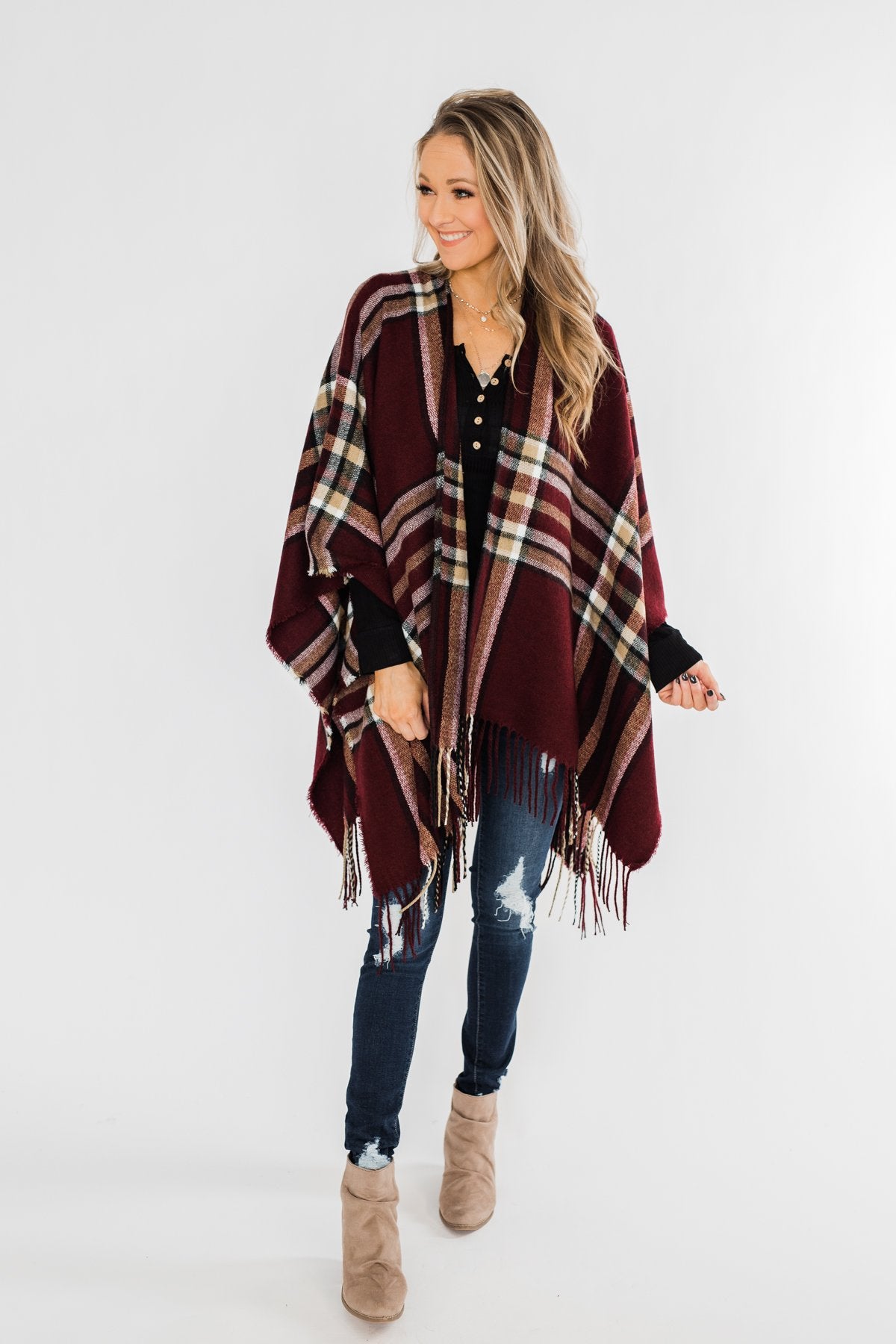 Perfect Plaid Shawl- Burgundy, Tan, & Ivory