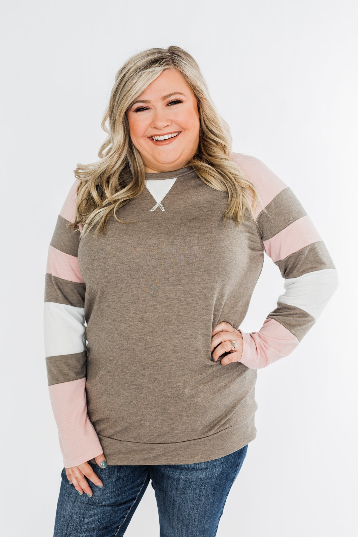 Full Of Joy Color Block Top- Mocha, Pink, & Ivory