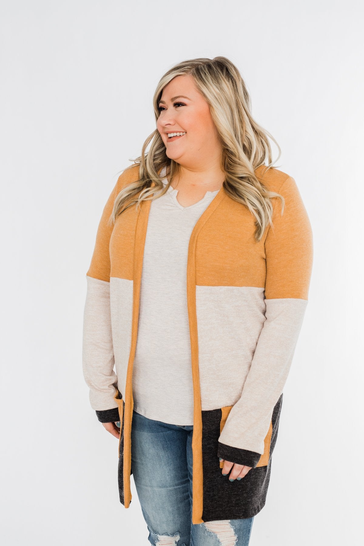 Until Tomorrow Color Block Cardigan- Mustard & Charcoal