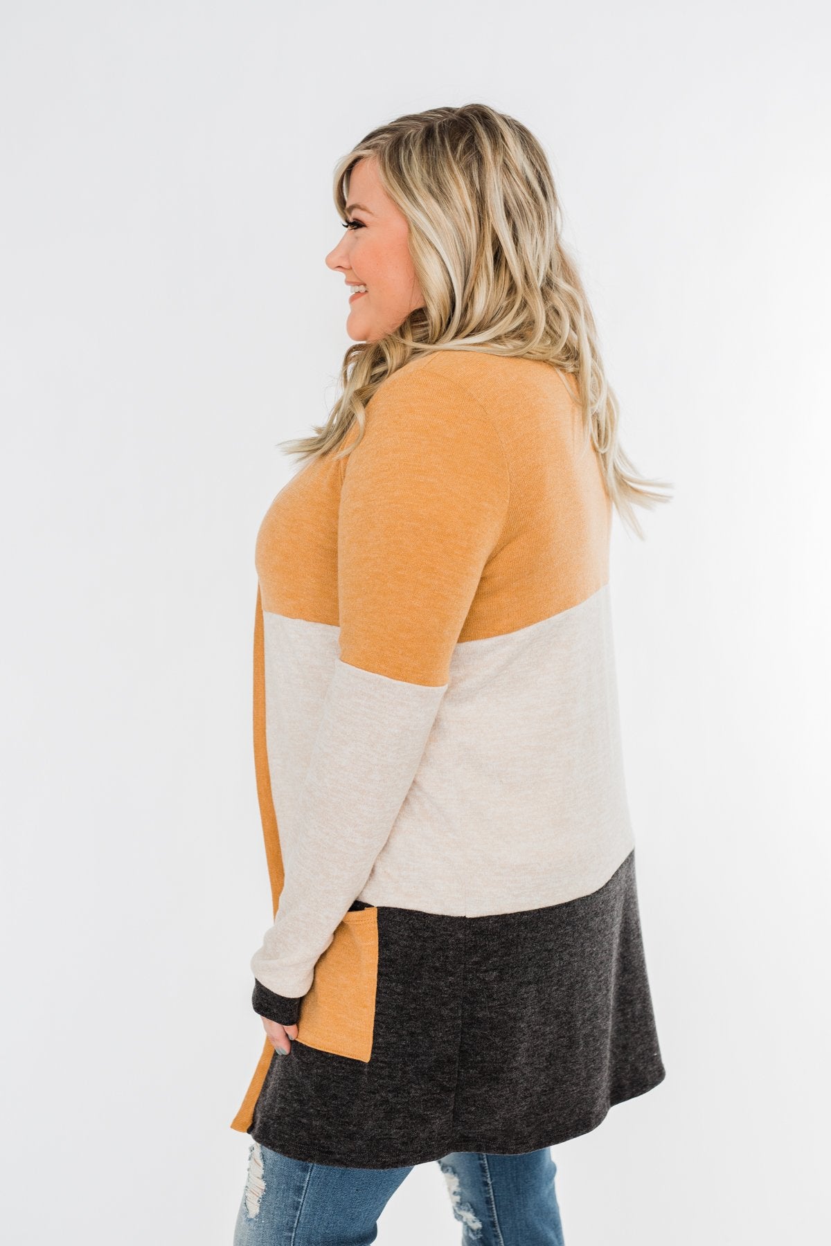 Until Tomorrow Color Block Cardigan- Mustard & Charcoal
