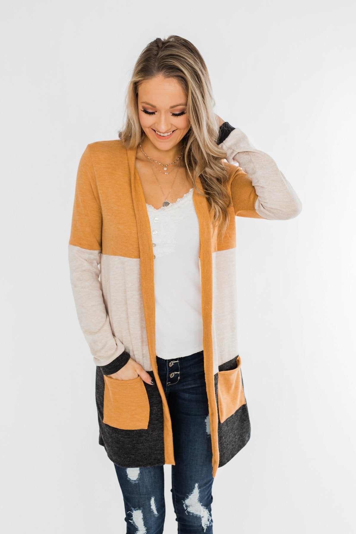 Until Tomorrow Color Block Cardigan- Mustard & Charcoal