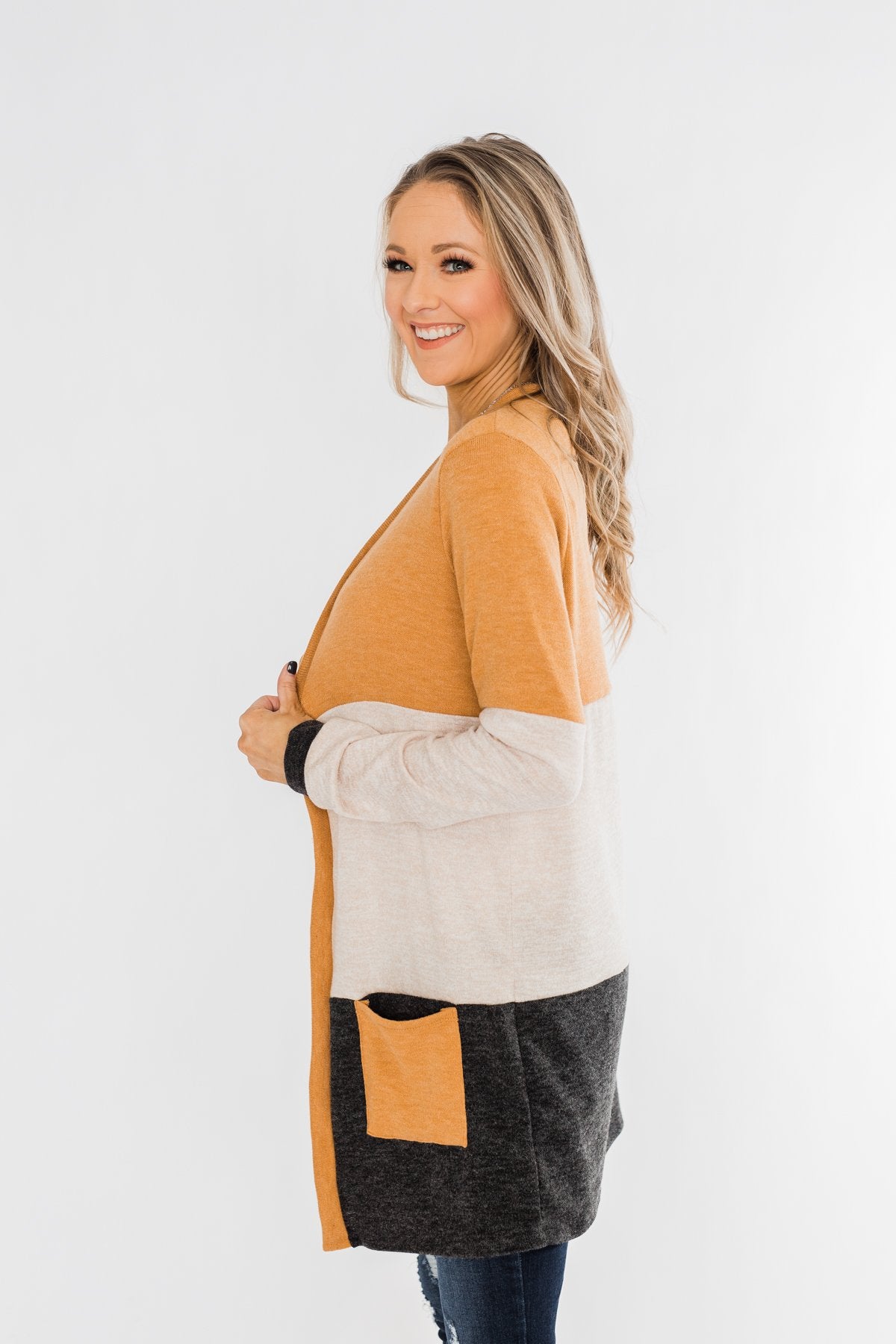 Until Tomorrow Color Block Cardigan- Mustard & Charcoal