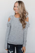 A New Hello Ruffle Cold Shoulder Top- Heather Grey