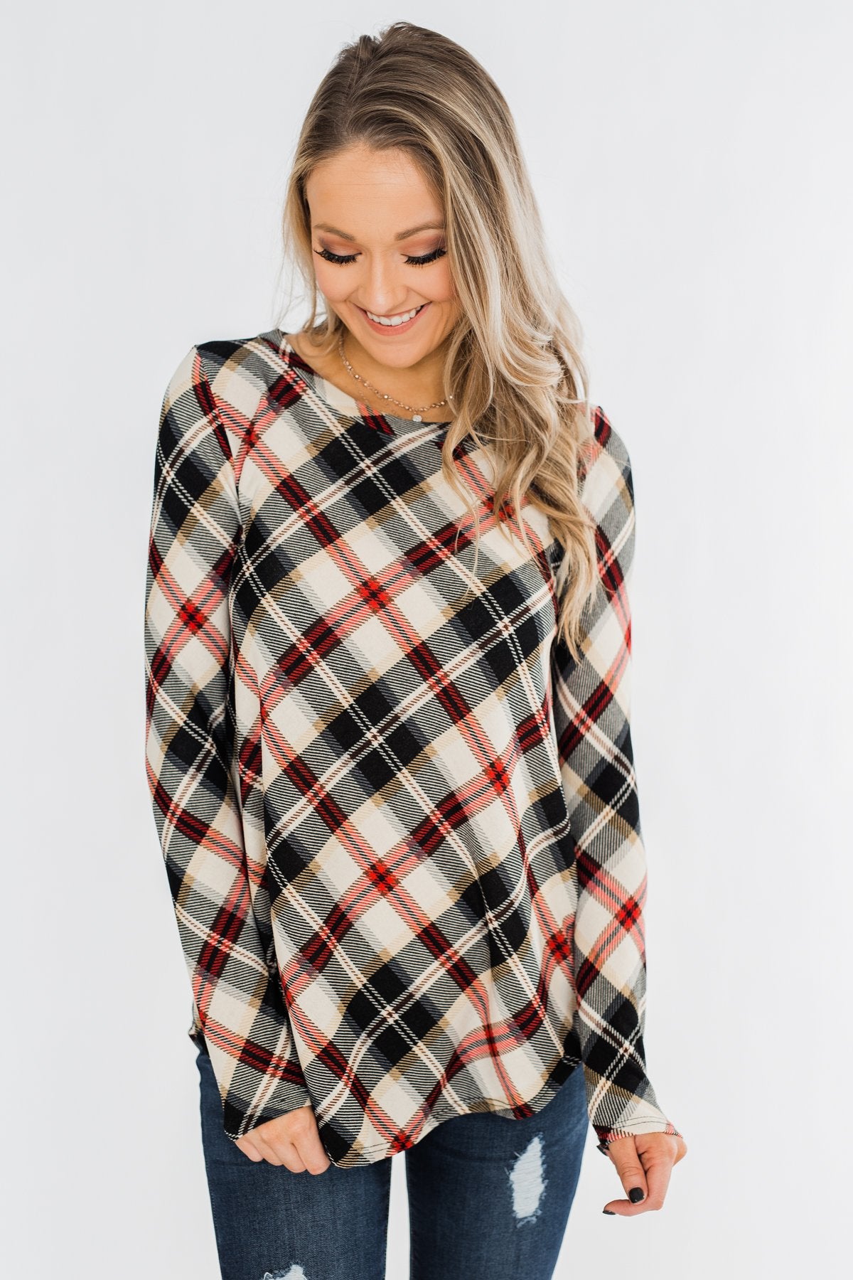 Meet Me Under The Mistletoe Plaid Top- Cream, Black, & Red
