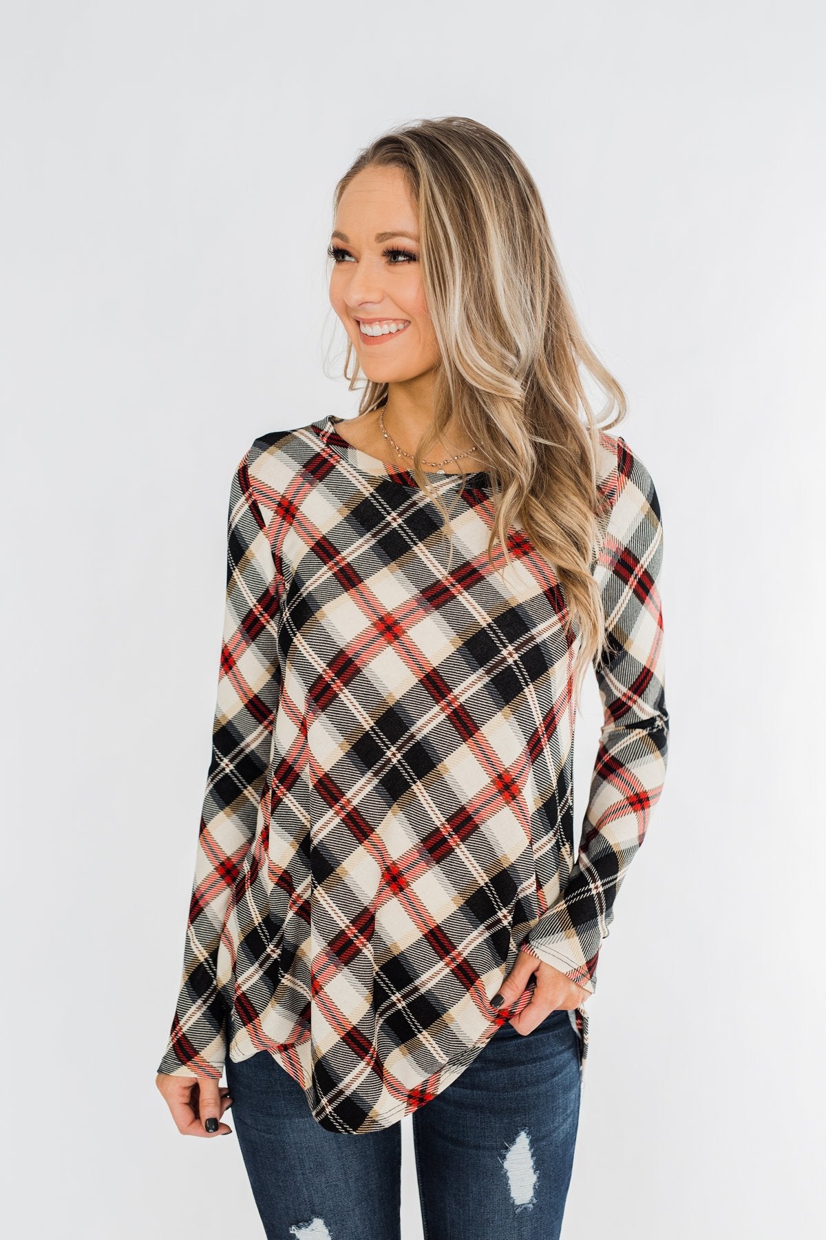 Meet Me Under The Mistletoe Plaid Top- Cream, Black, & Red
