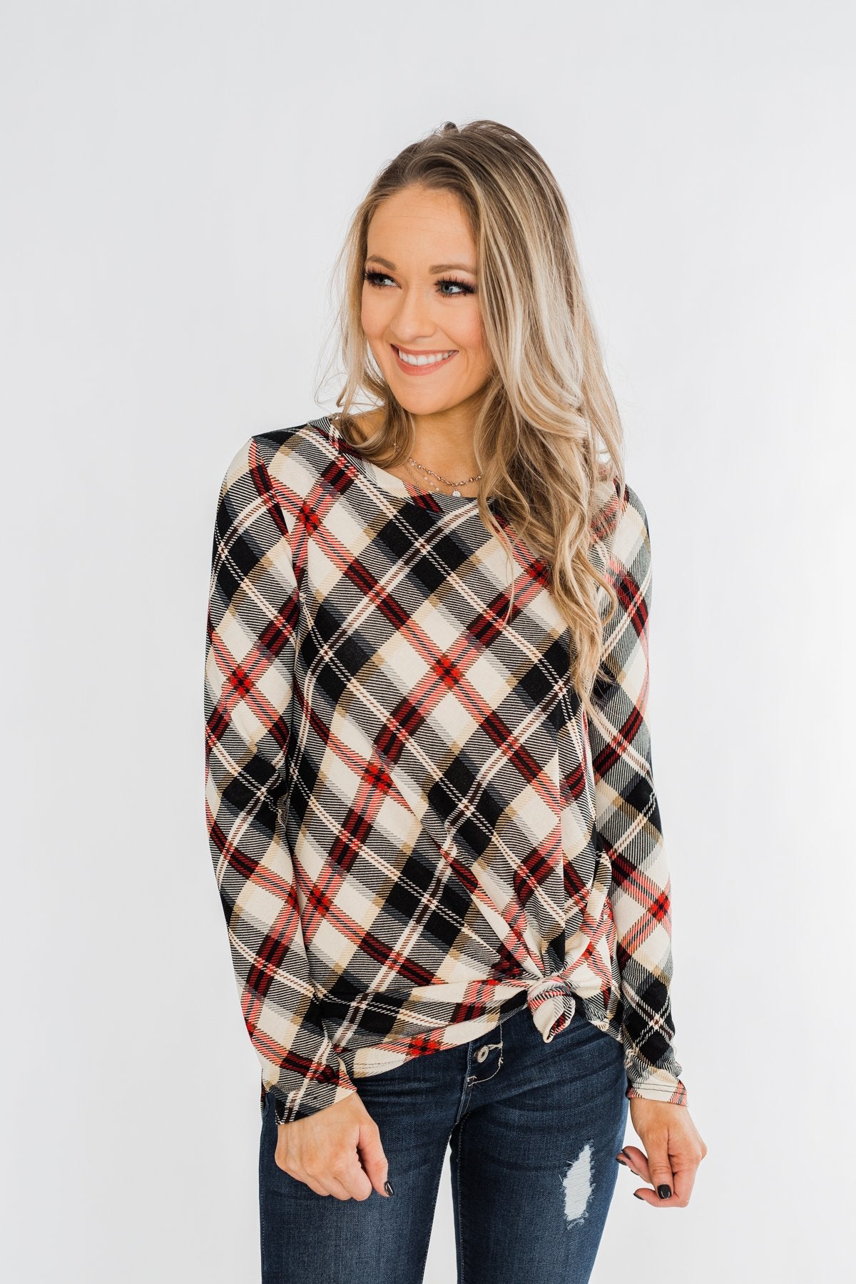 Meet Me Under The Mistletoe Plaid Top- Cream, Black, & Red