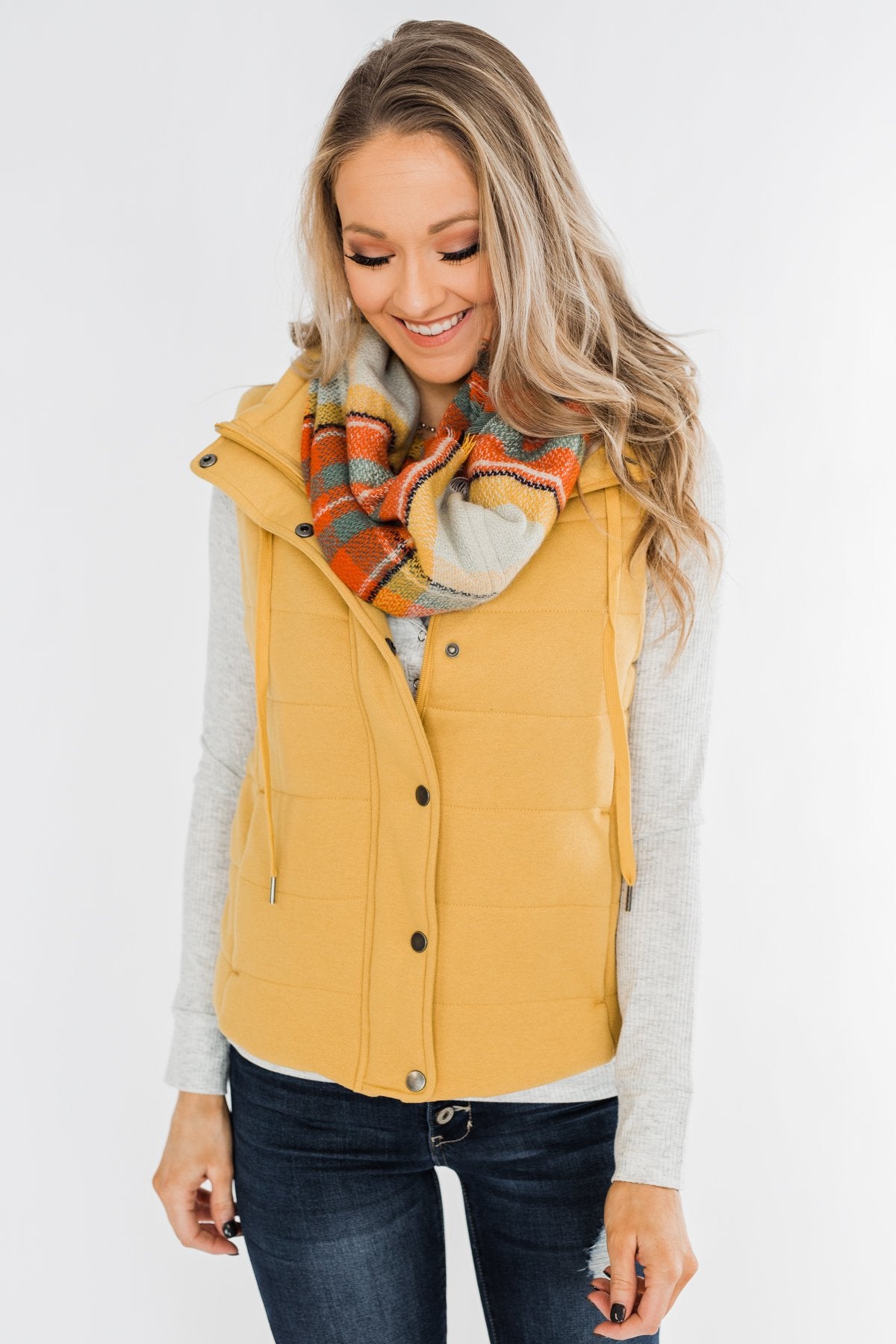 Plaid Infinity Scarf- Orange, Yellow, Blue, & Cream