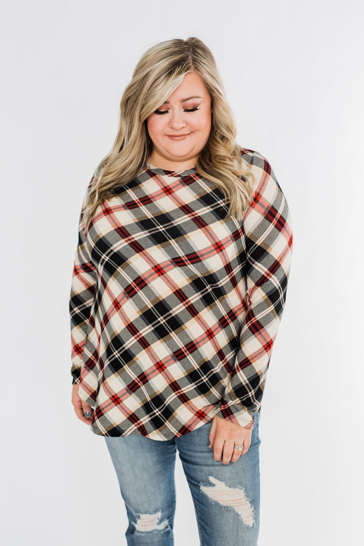Meet Me Under The Mistletoe Plaid Top- Cream, Black, & Red