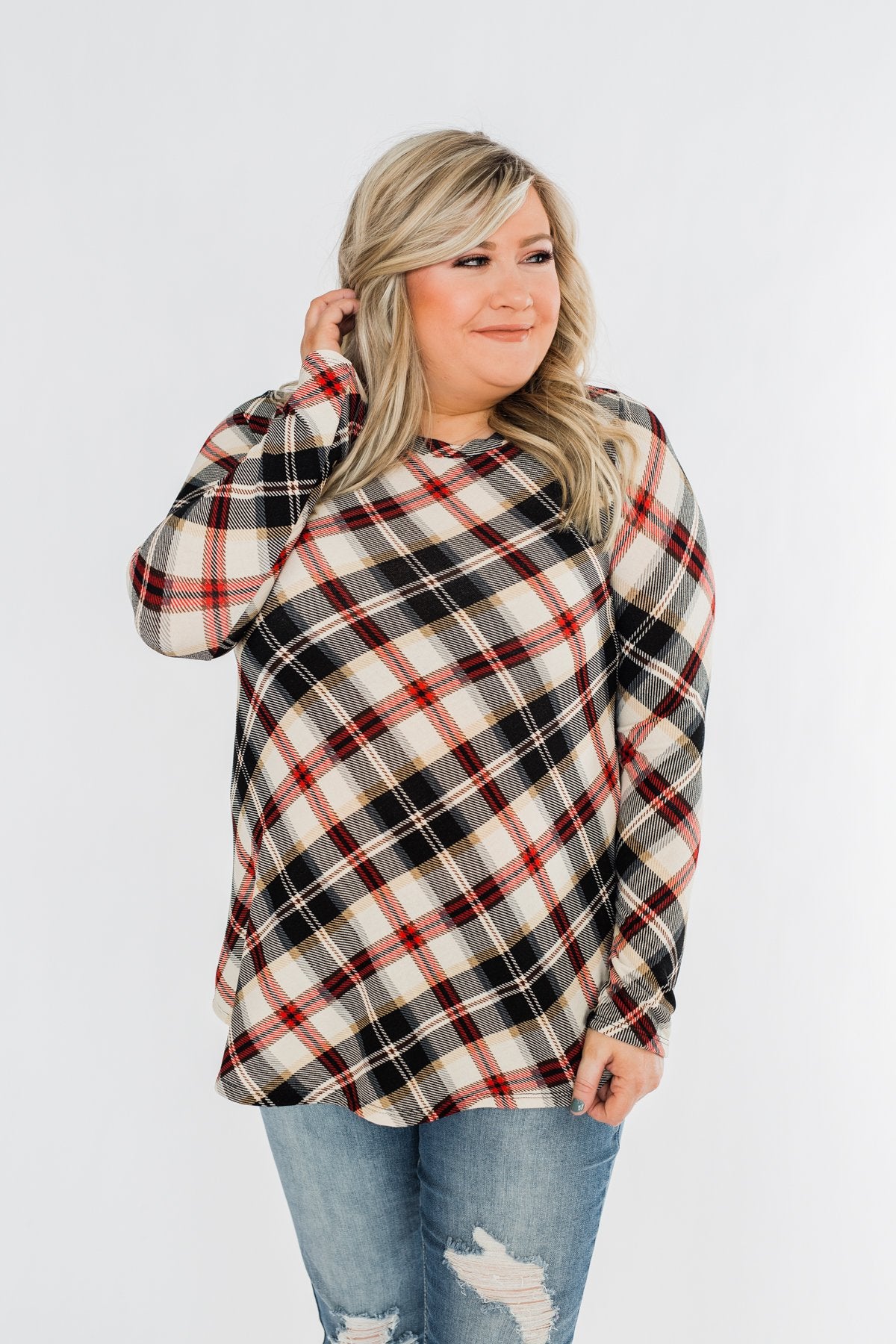 Meet Me Under The Mistletoe Plaid Top- Cream, Black, & Red