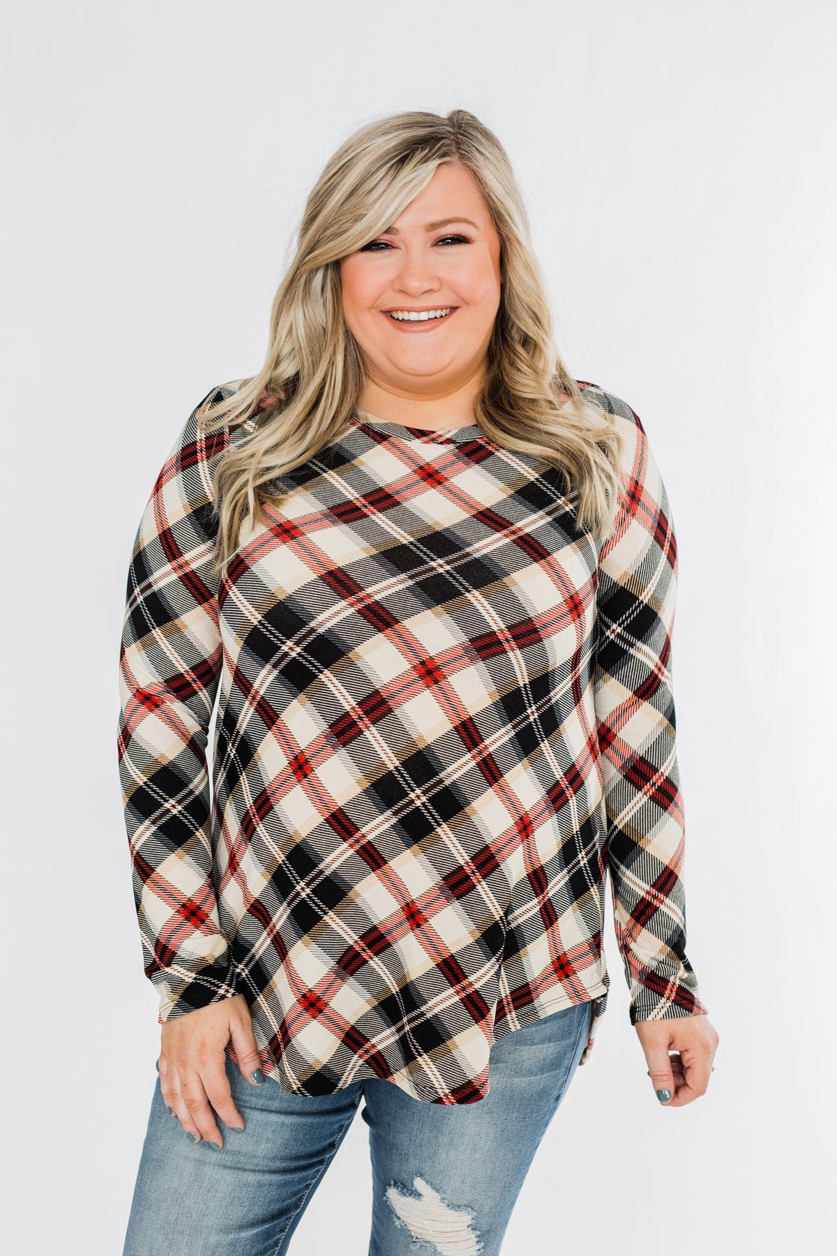 Meet Me Under The Mistletoe Plaid Top- Cream, Black, & Red