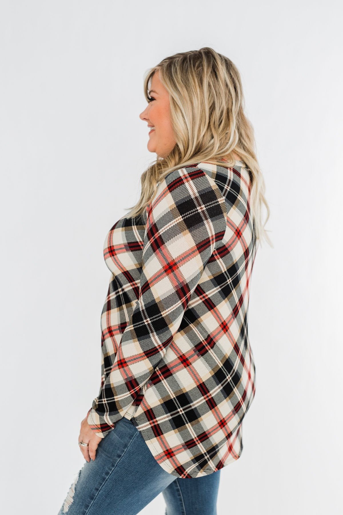 Meet Me Under The Mistletoe Plaid Top- Cream, Black, & Red
