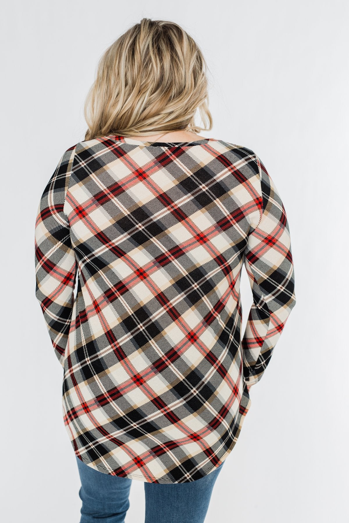 Meet Me Under The Mistletoe Plaid Top- Cream, Black, & Red