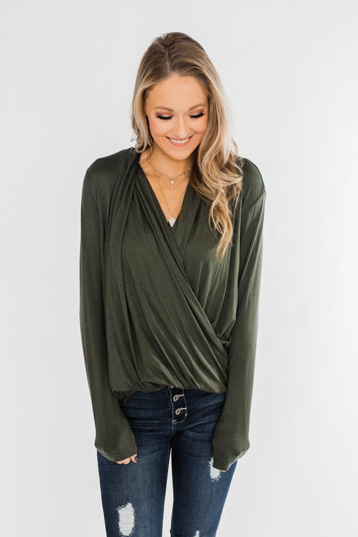 Can't Help This Feeling Front Wrap Top- Olive