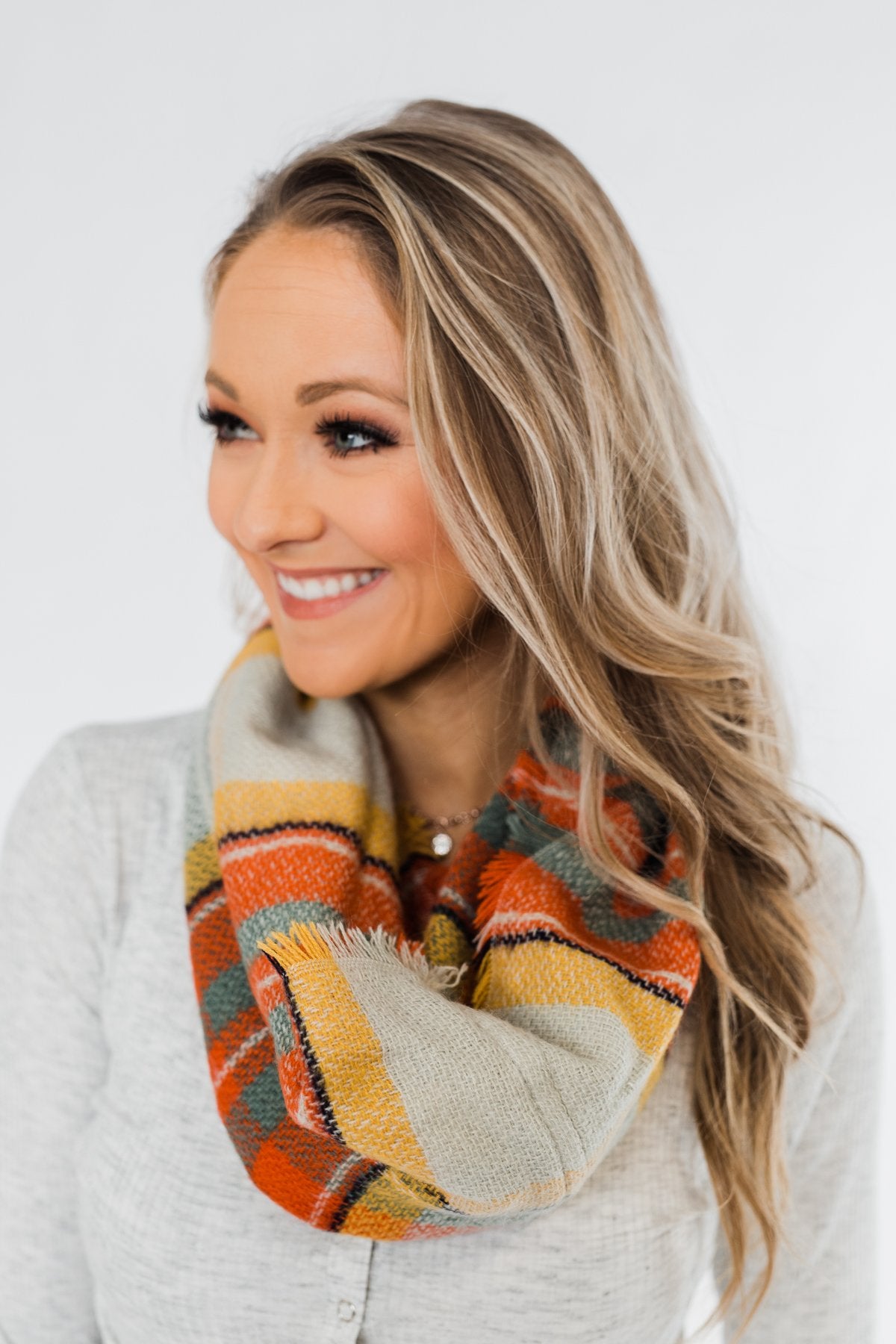 Plaid Infinity Scarf- Orange, Yellow, Blue, & Cream