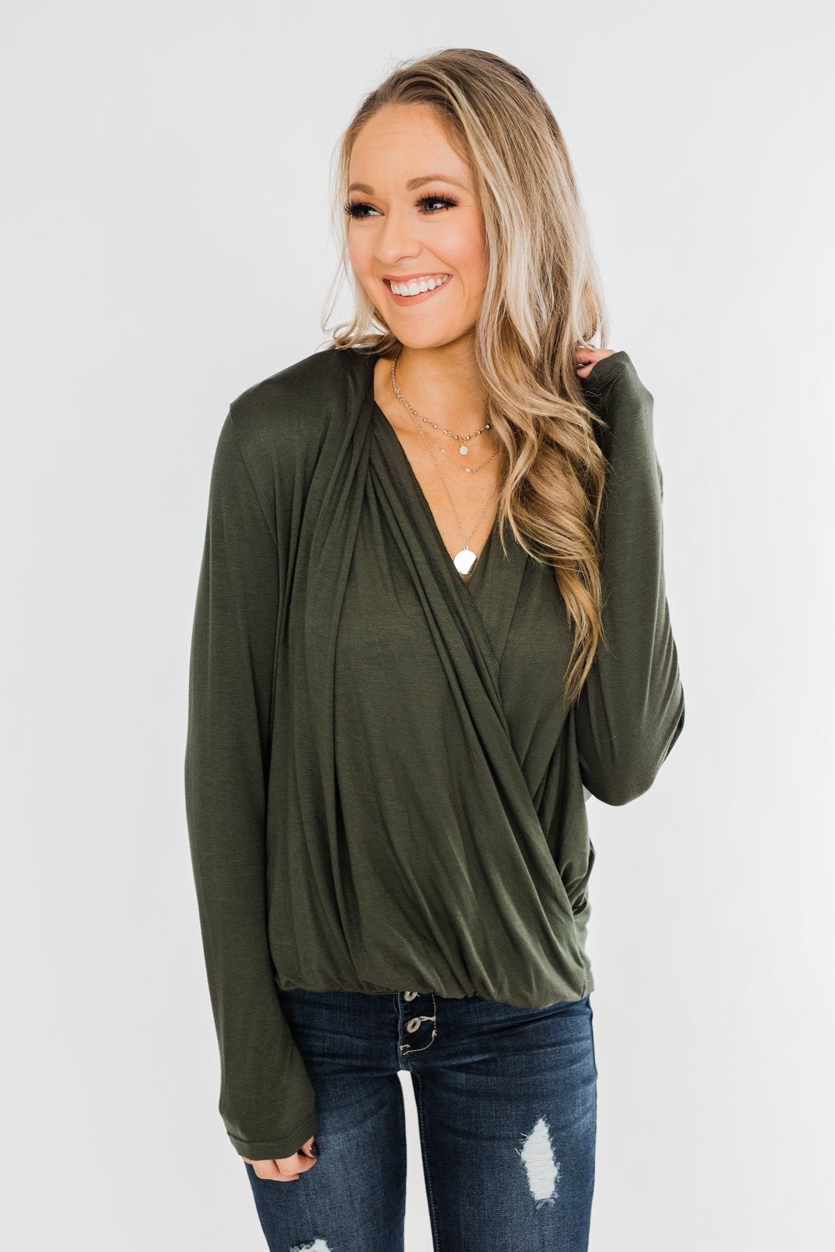 Can't Help This Feeling Front Wrap Top- Olive