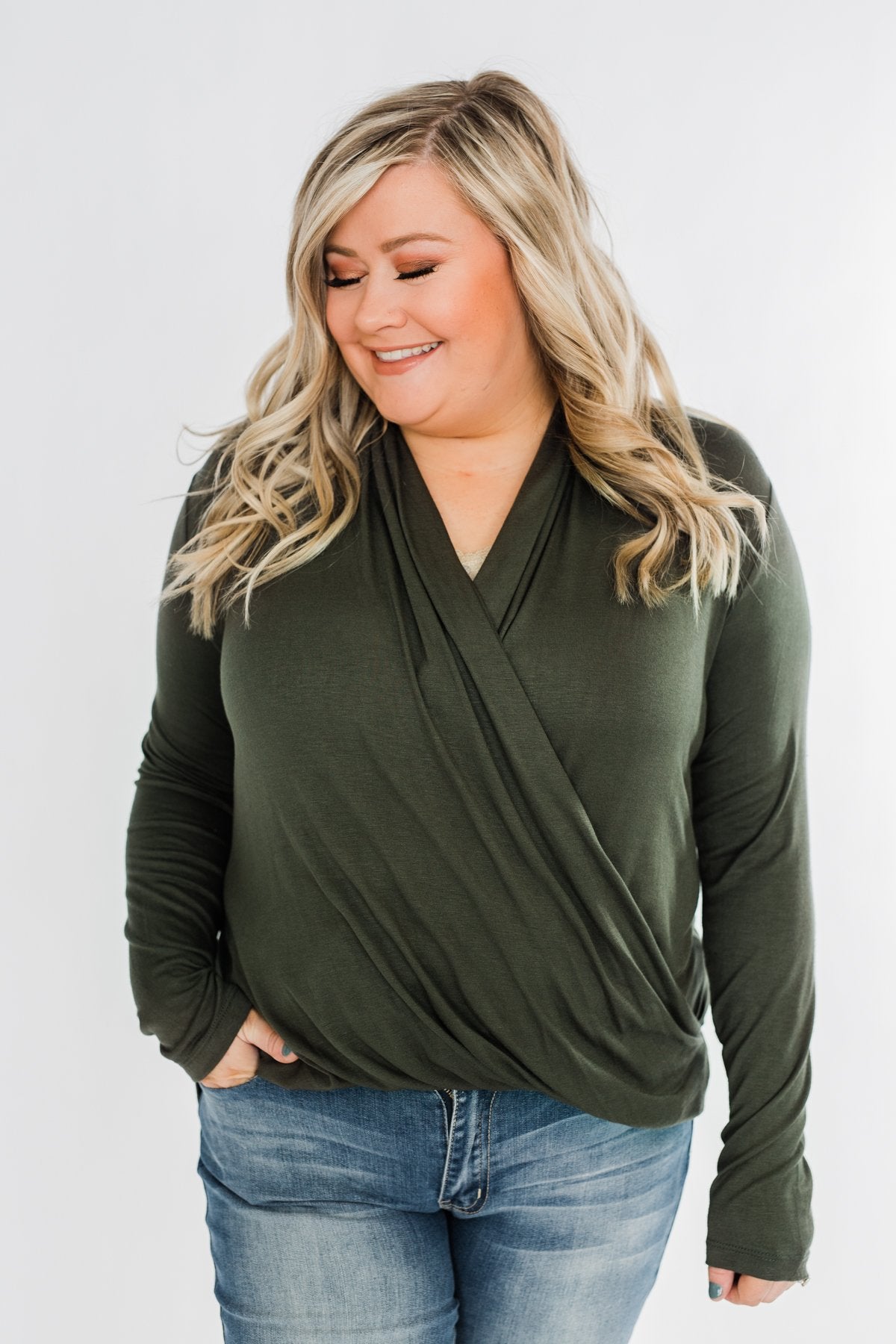 Can't Help This Feeling Front Wrap Top- Olive