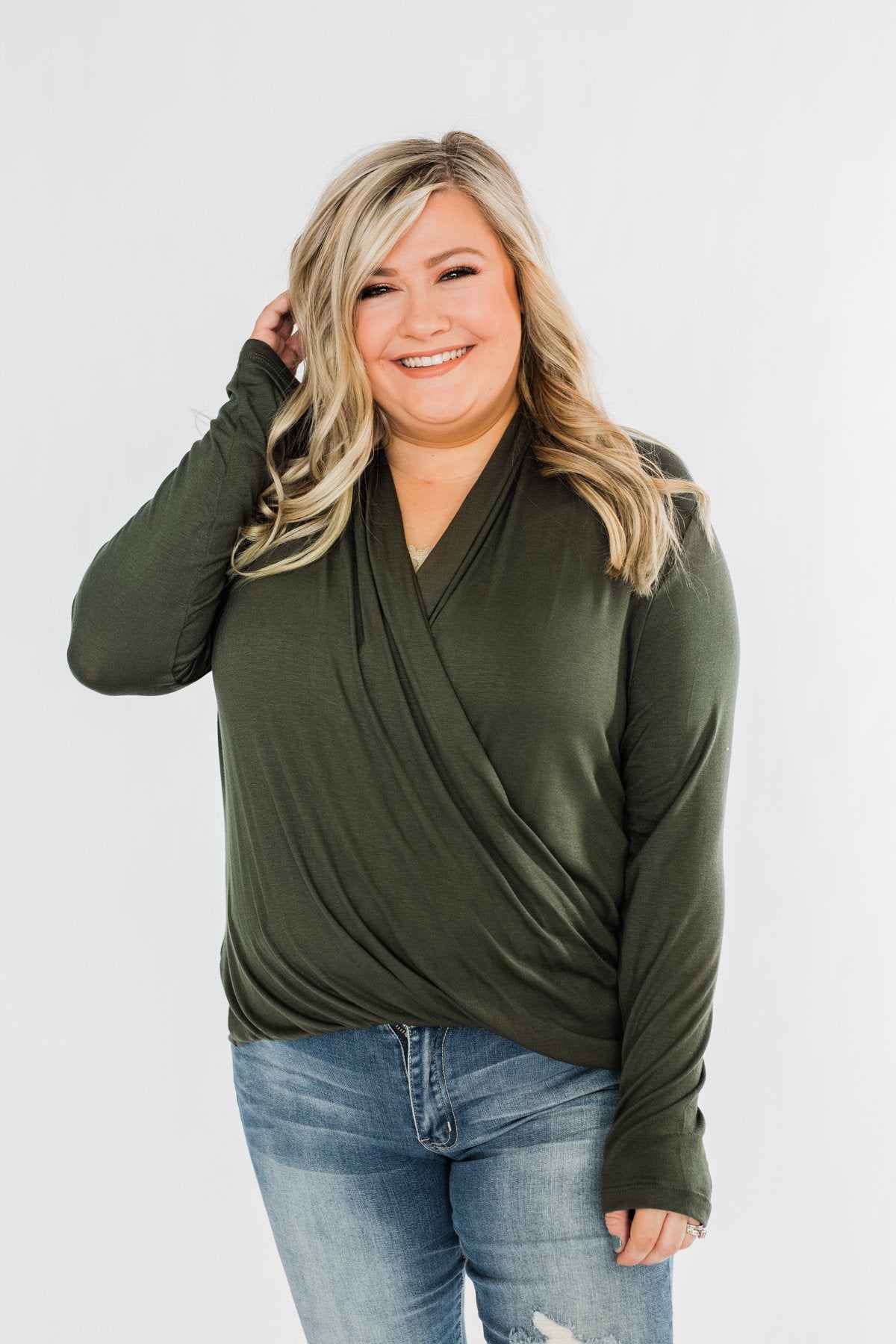 Can't Help This Feeling Front Wrap Top- Olive