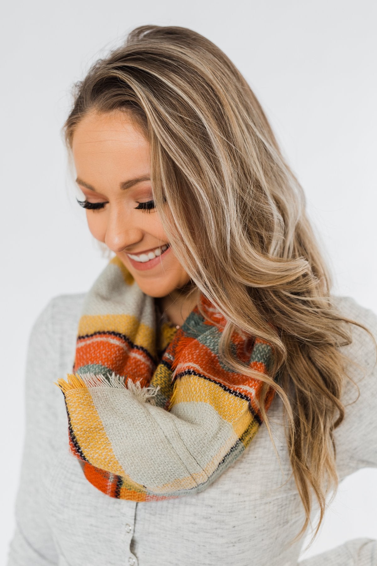 Plaid Infinity Scarf- Orange, Yellow, Blue, & Cream