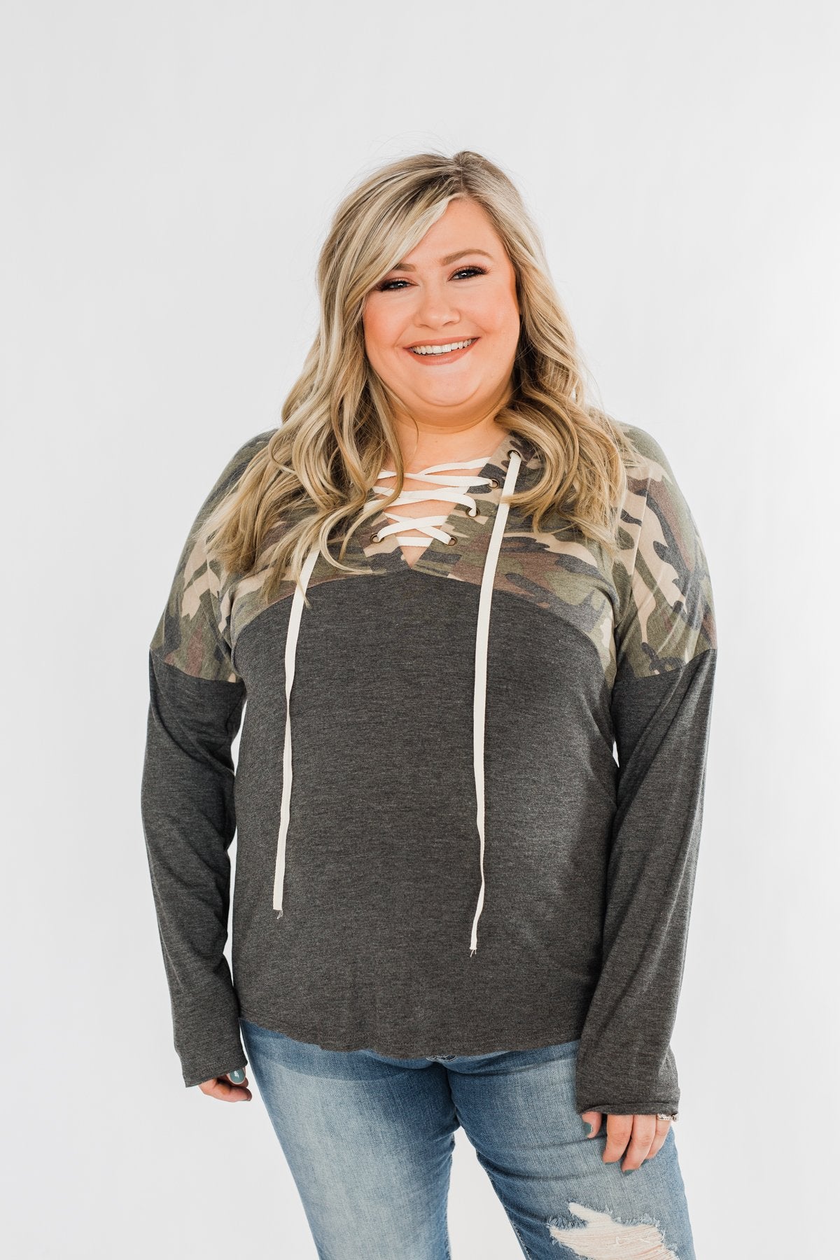 Camo Cutie Lace Up Hoodie- Charcoal & Ivory
