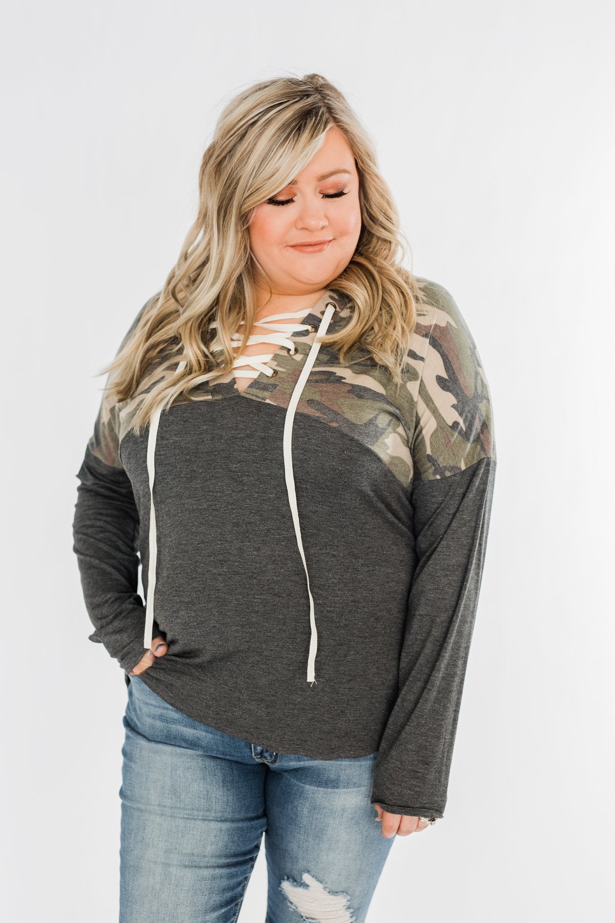 Camo Cutie Lace Up Hoodie- Charcoal & Ivory