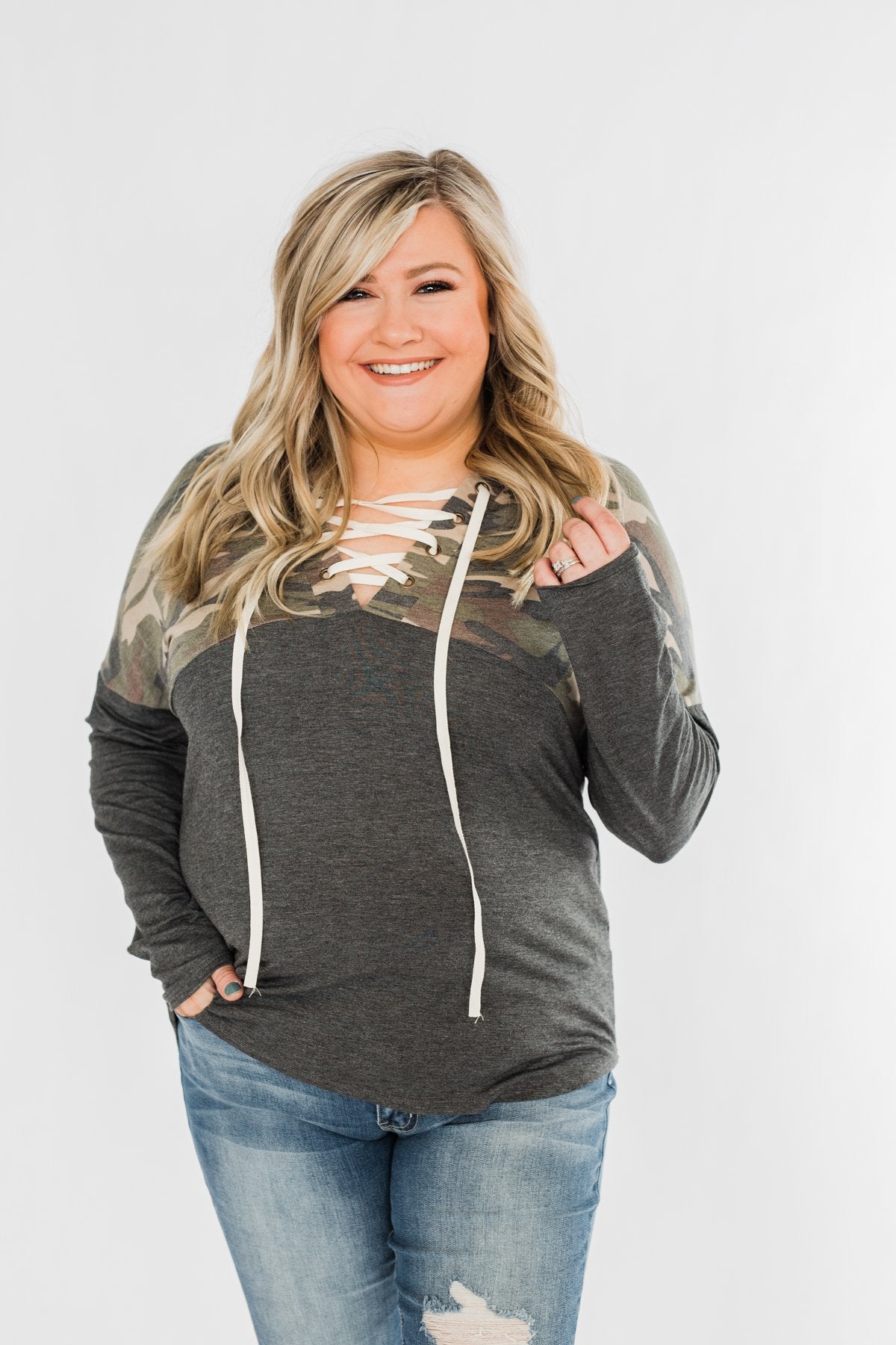 Camo Cutie Lace Up Hoodie- Charcoal & Ivory