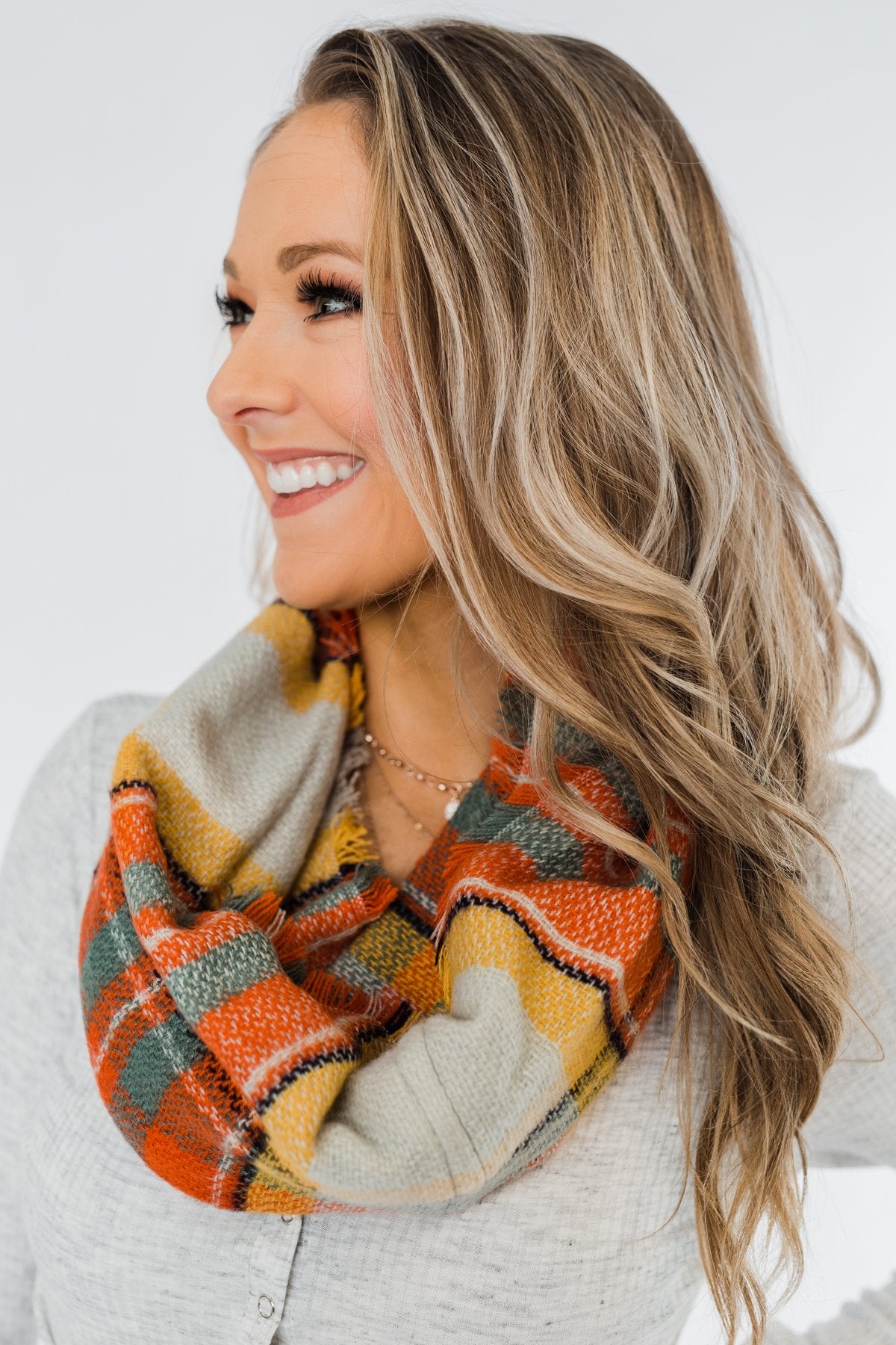 Plaid Infinity Scarf- Orange, Yellow, Blue, & Cream