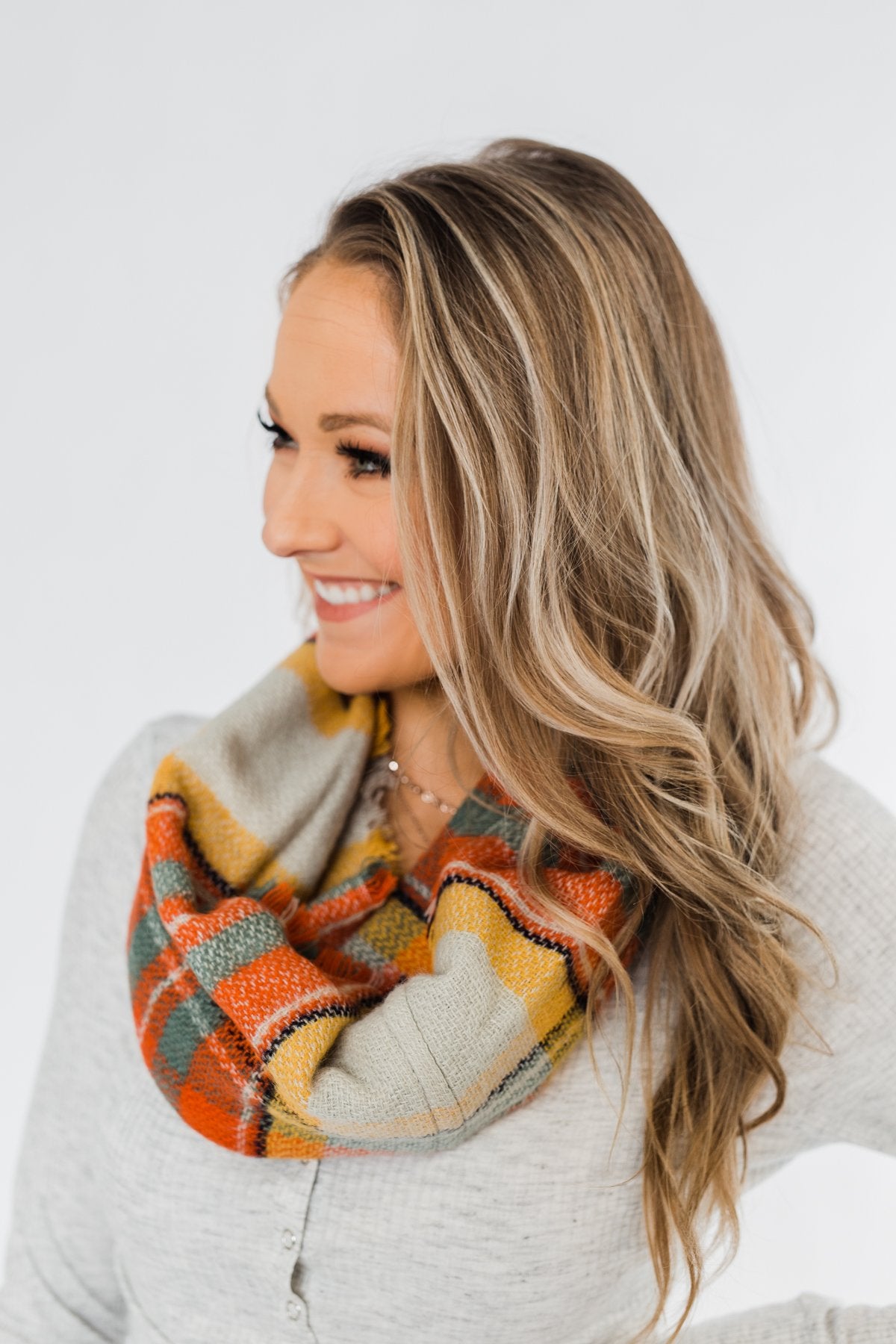 Plaid Infinity Scarf- Orange, Yellow, Blue, & Cream