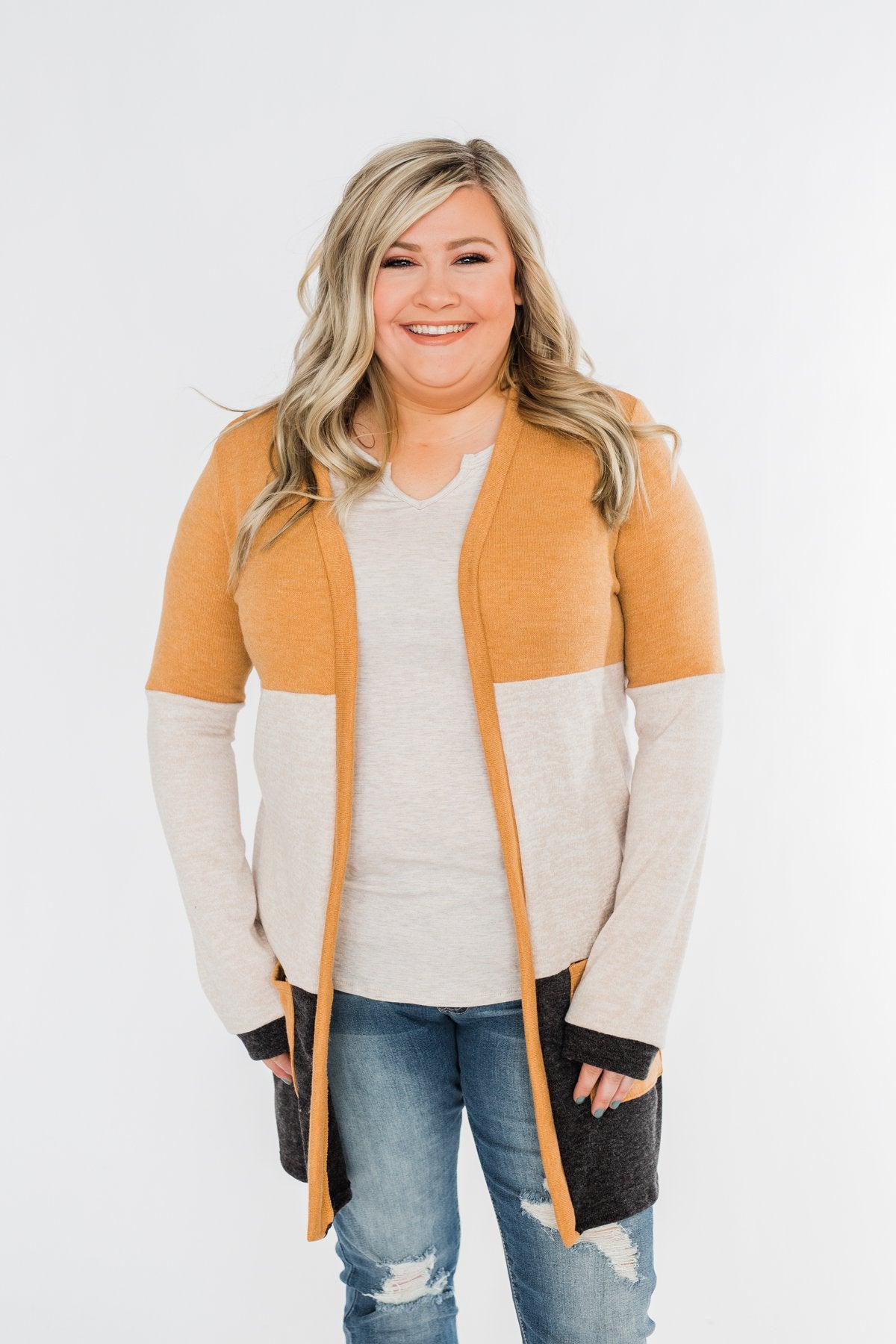 Until Tomorrow Color Block Cardigan- Mustard & Charcoal