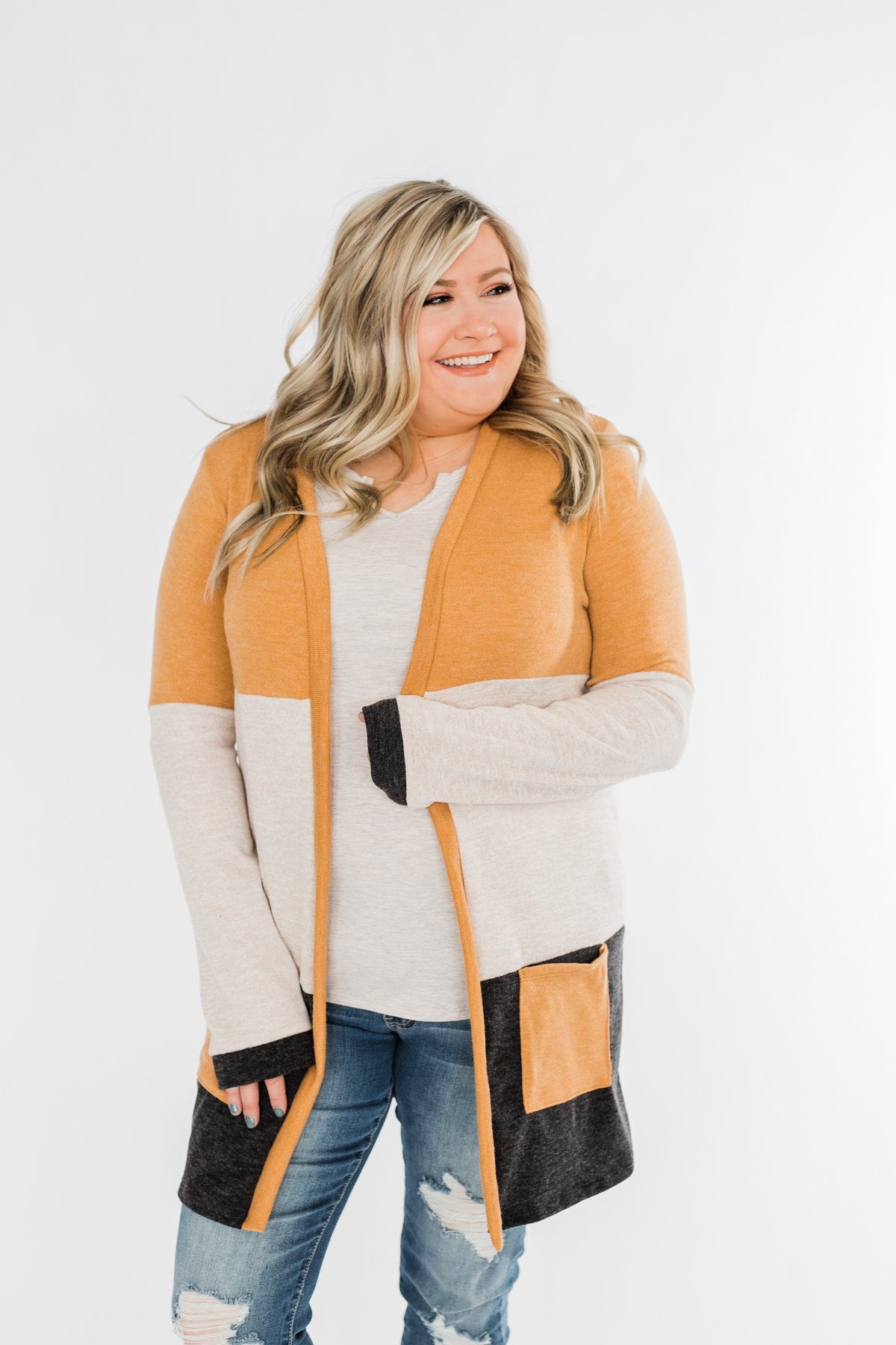 Until Tomorrow Color Block Cardigan- Mustard & Charcoal