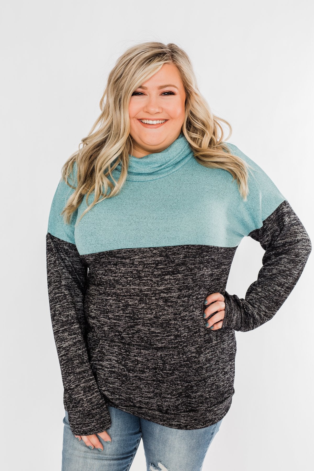 Mint Charcoal Cowl Color Block Top