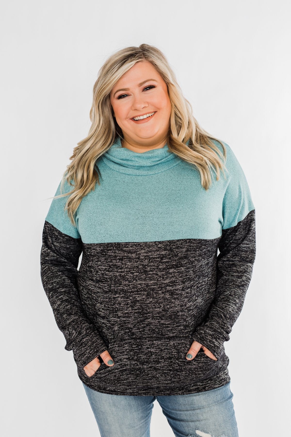 Mint Charcoal Cowl Color Block Top