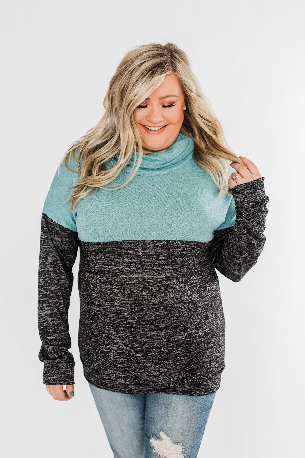 Mint Charcoal Cowl Color Block Top