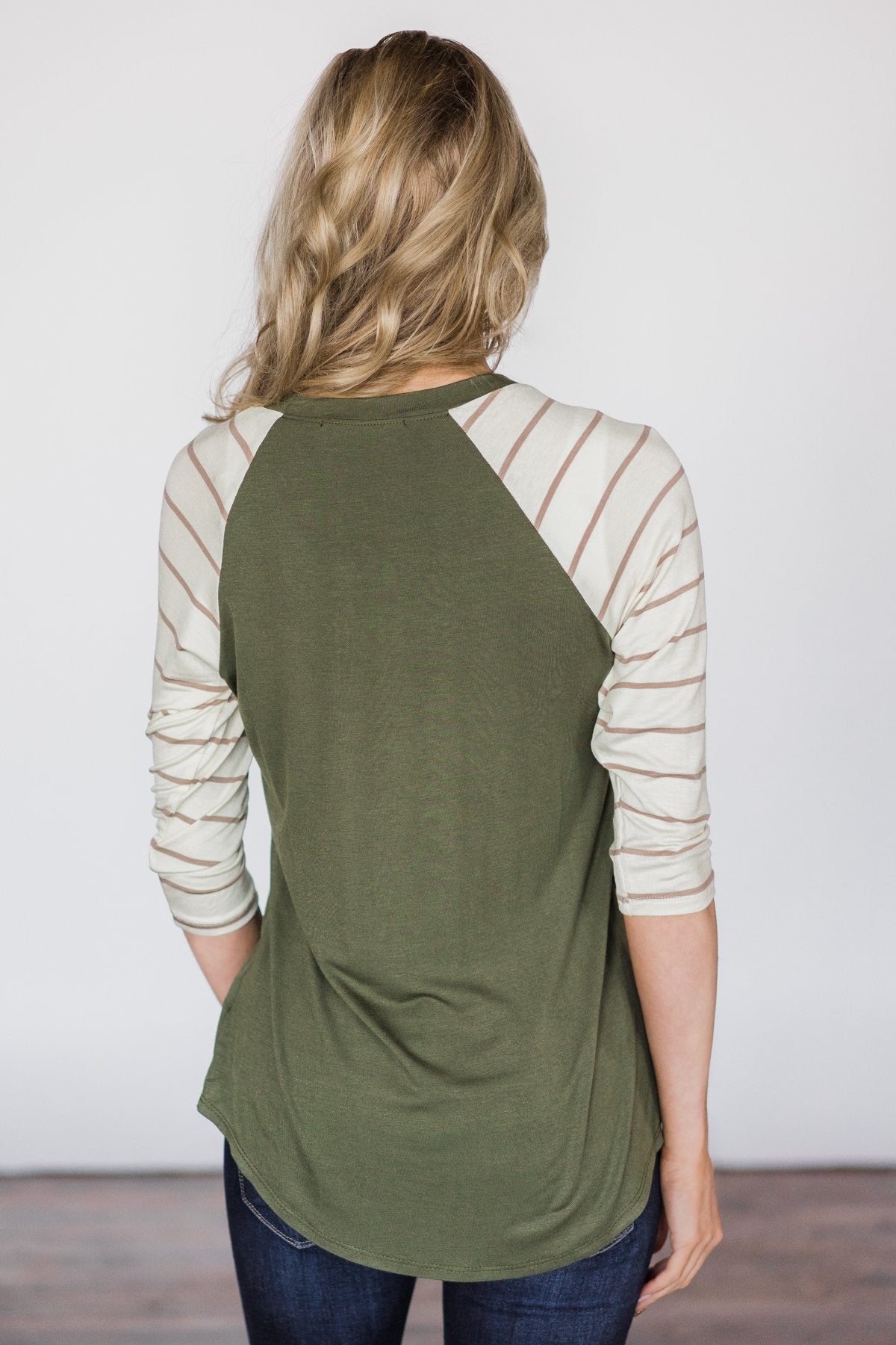 Olive & Taupe Striped Sleeve Baseball Top
