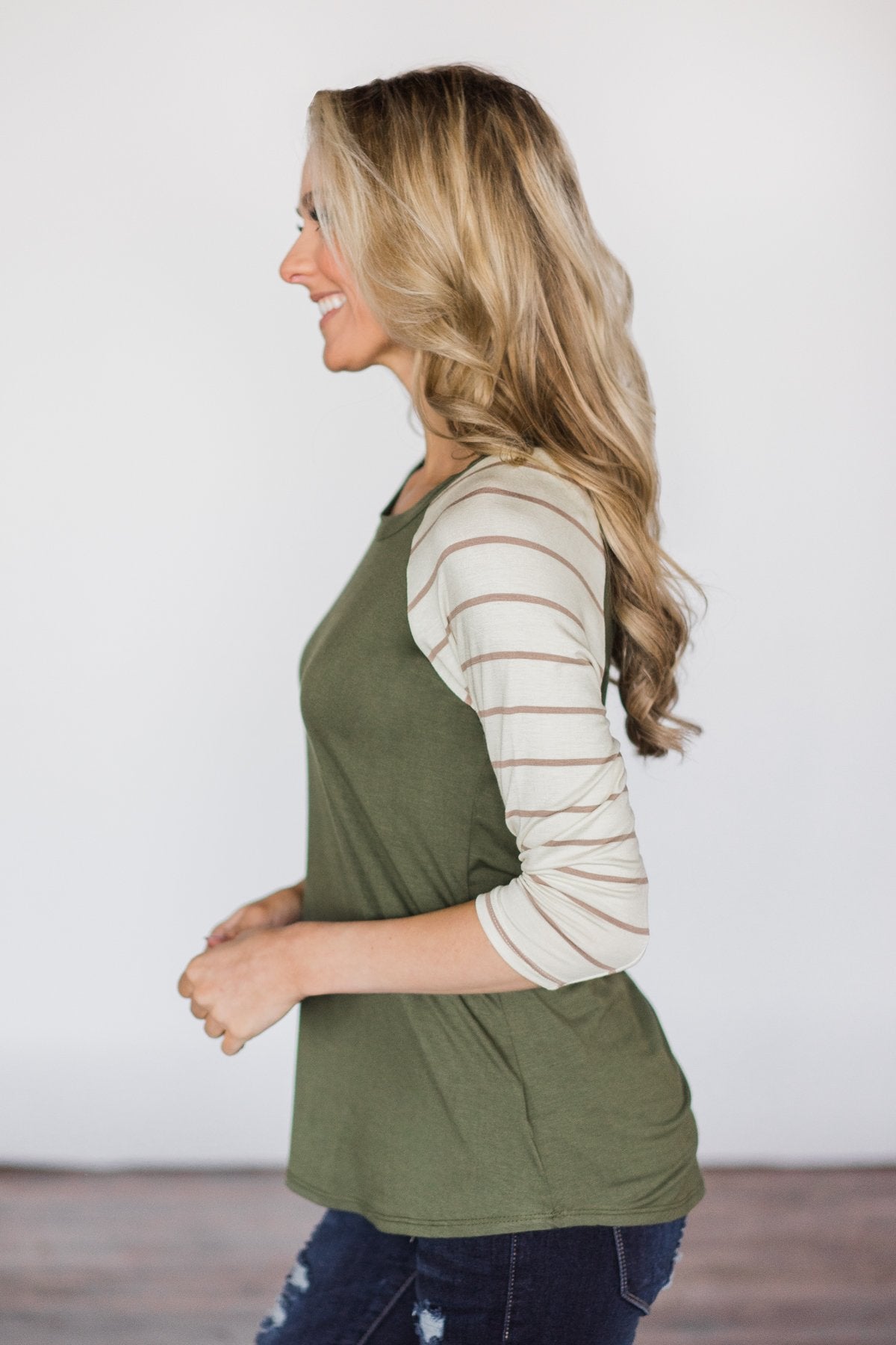 Olive & Taupe Striped Sleeve Baseball Top