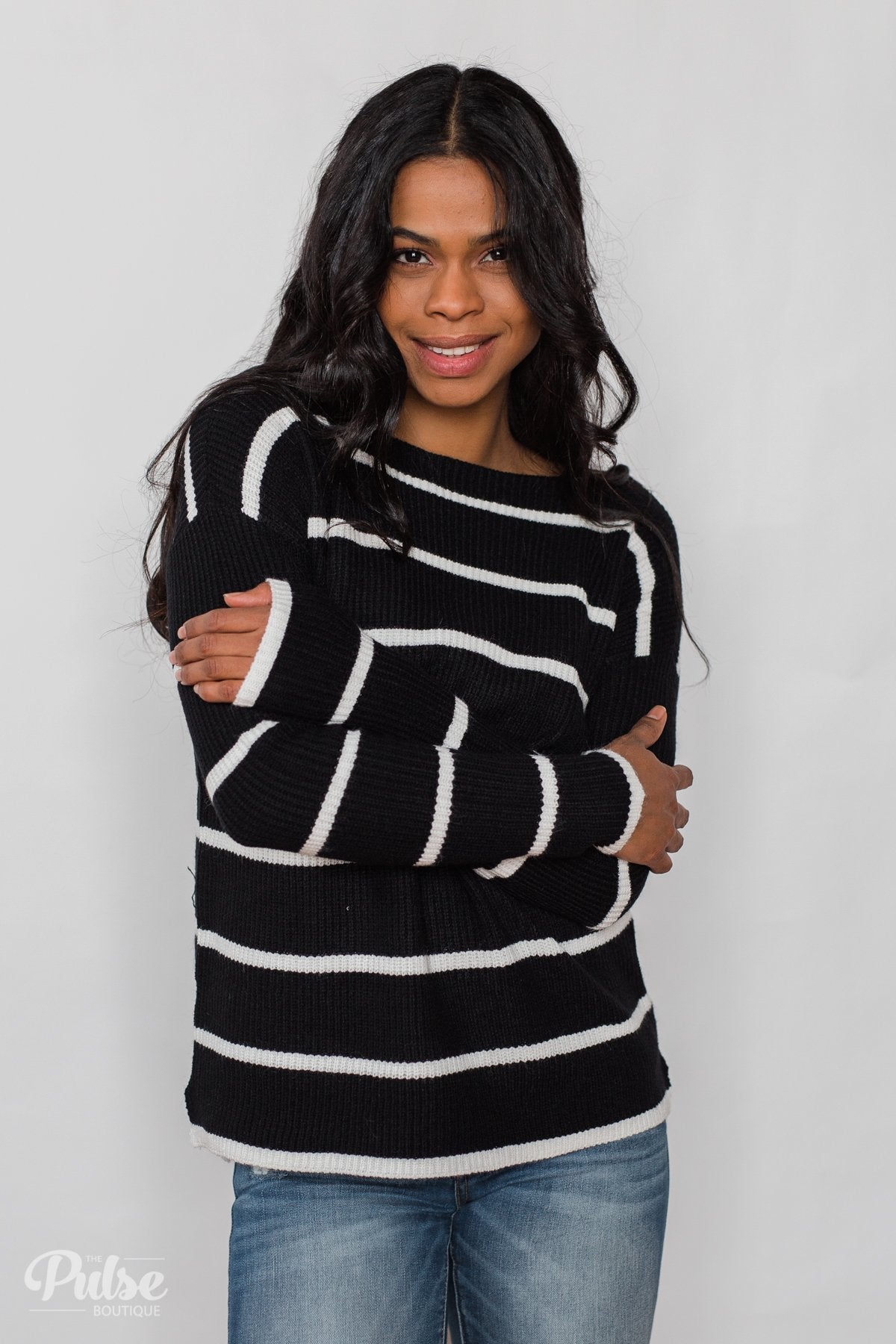 Side by Side Striped Knit Sweater- Black & White