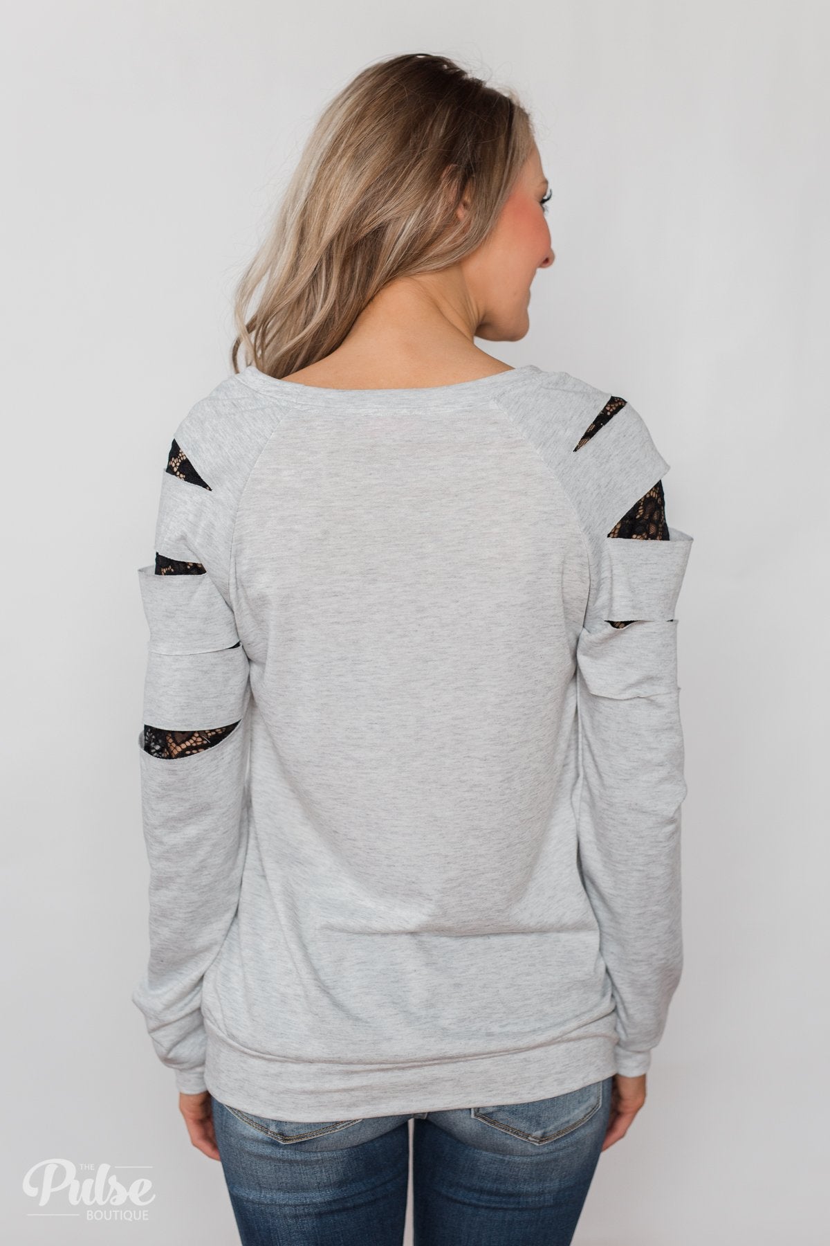 At First Glance Pullover Lace Detail Top- Grey