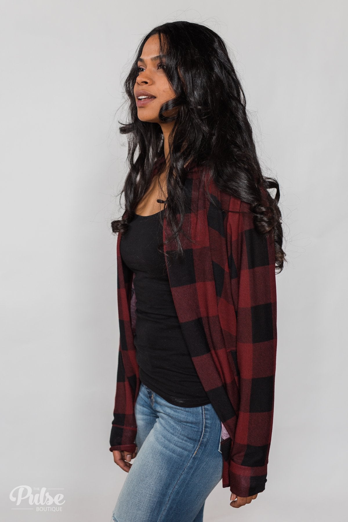 Buffalo Plaid Cardigan- Deep Red & Black