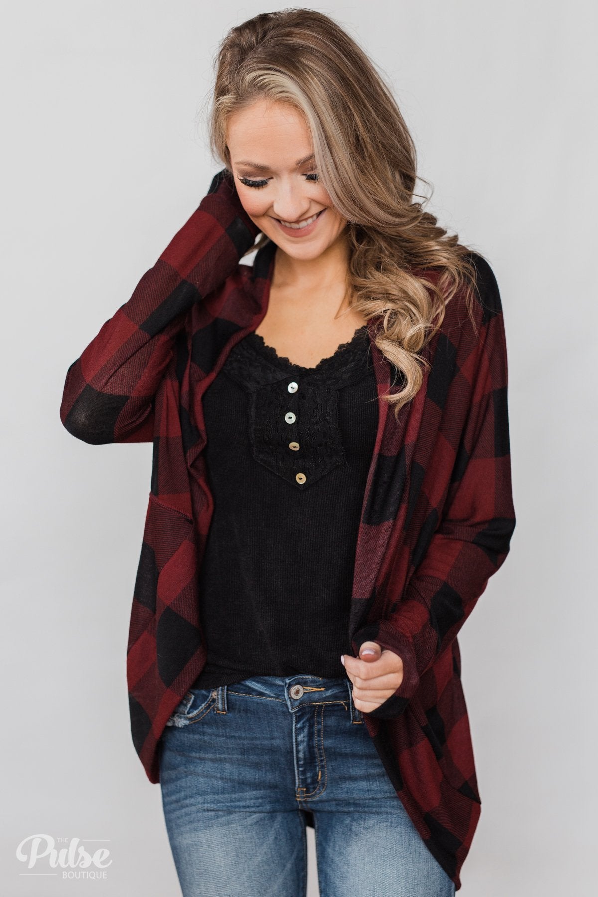 Buffalo Plaid Cardigan- Deep Red & Black
