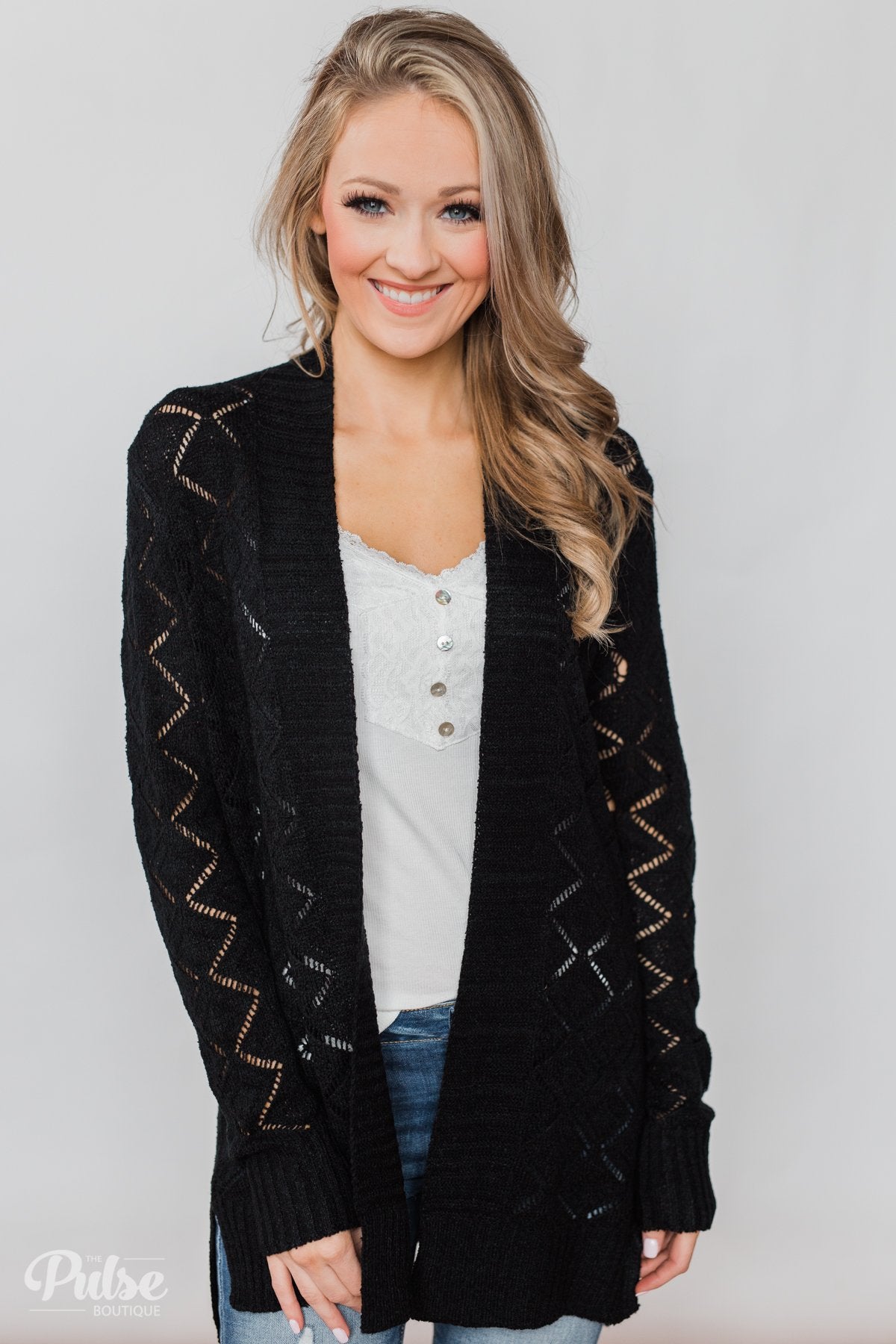 売れ筋商品|||ベルディーニ ニット&セーター アウター レディース Plus Size Black Label Pointelle and Grommet Open Cardigan Sweater Smokey Rose Pointelle-knit cardigan, black | MAX&Co.
