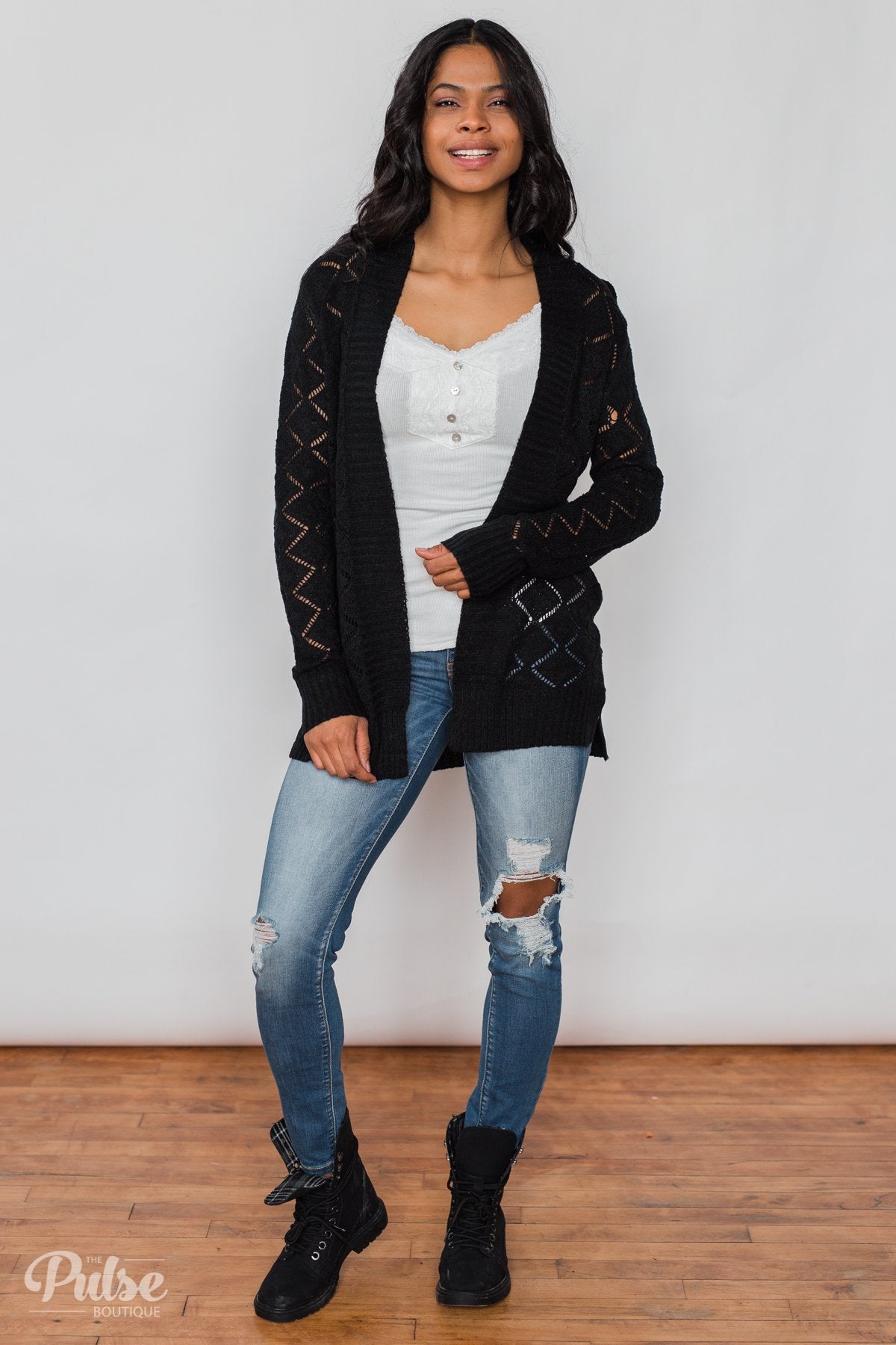 Knit Pointelle Cardigan - Black – The Pulse Boutique