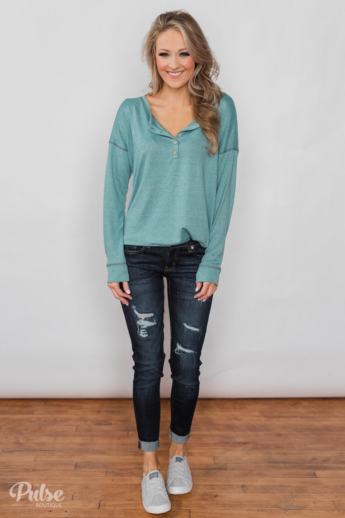 Feeling Fine 5-Button Long Sleeve Top - Mint